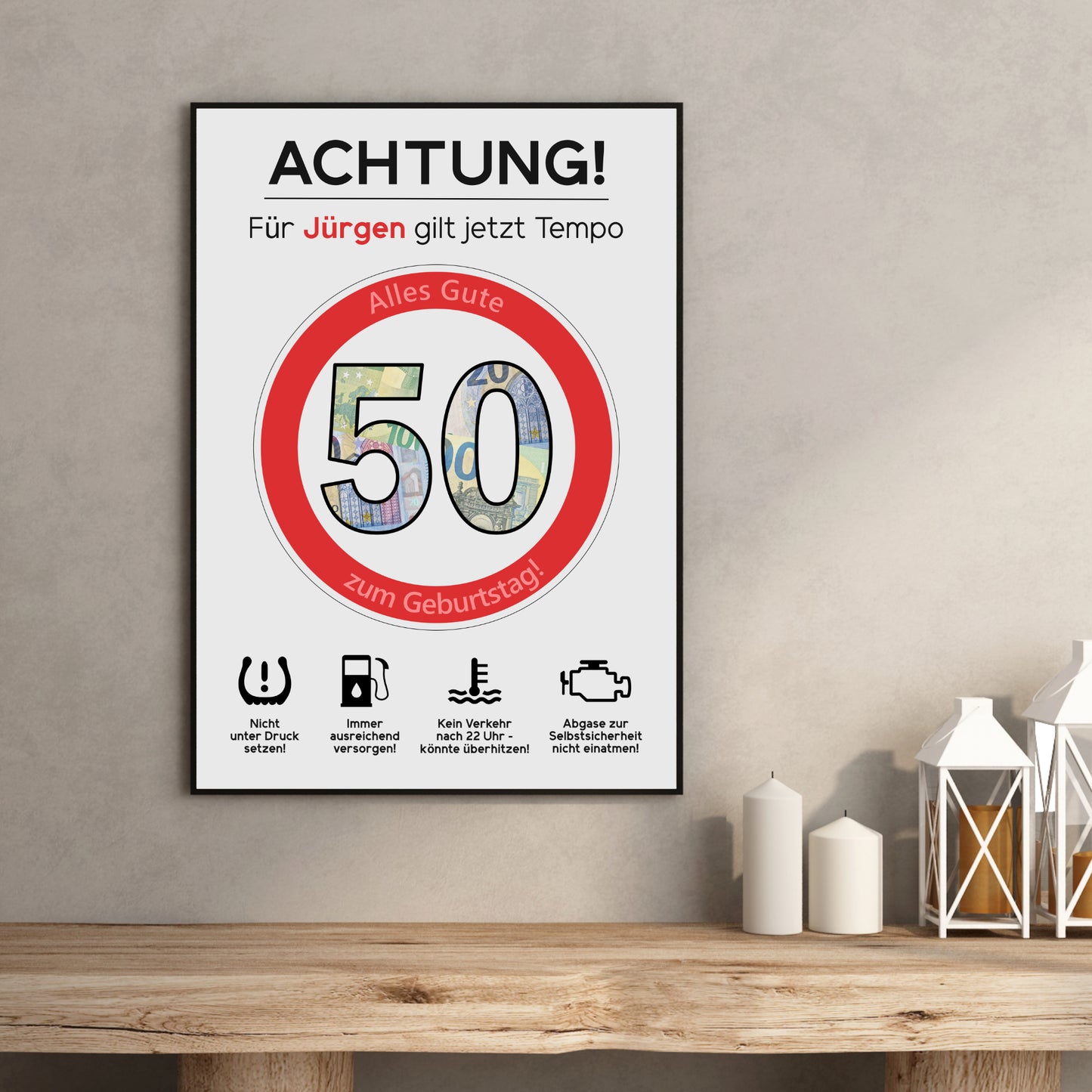Geldgeschenk 50. Geburtstag Achtung Tempo Jubiläum runder Geburtstag Personalisiert Verkehrsschild