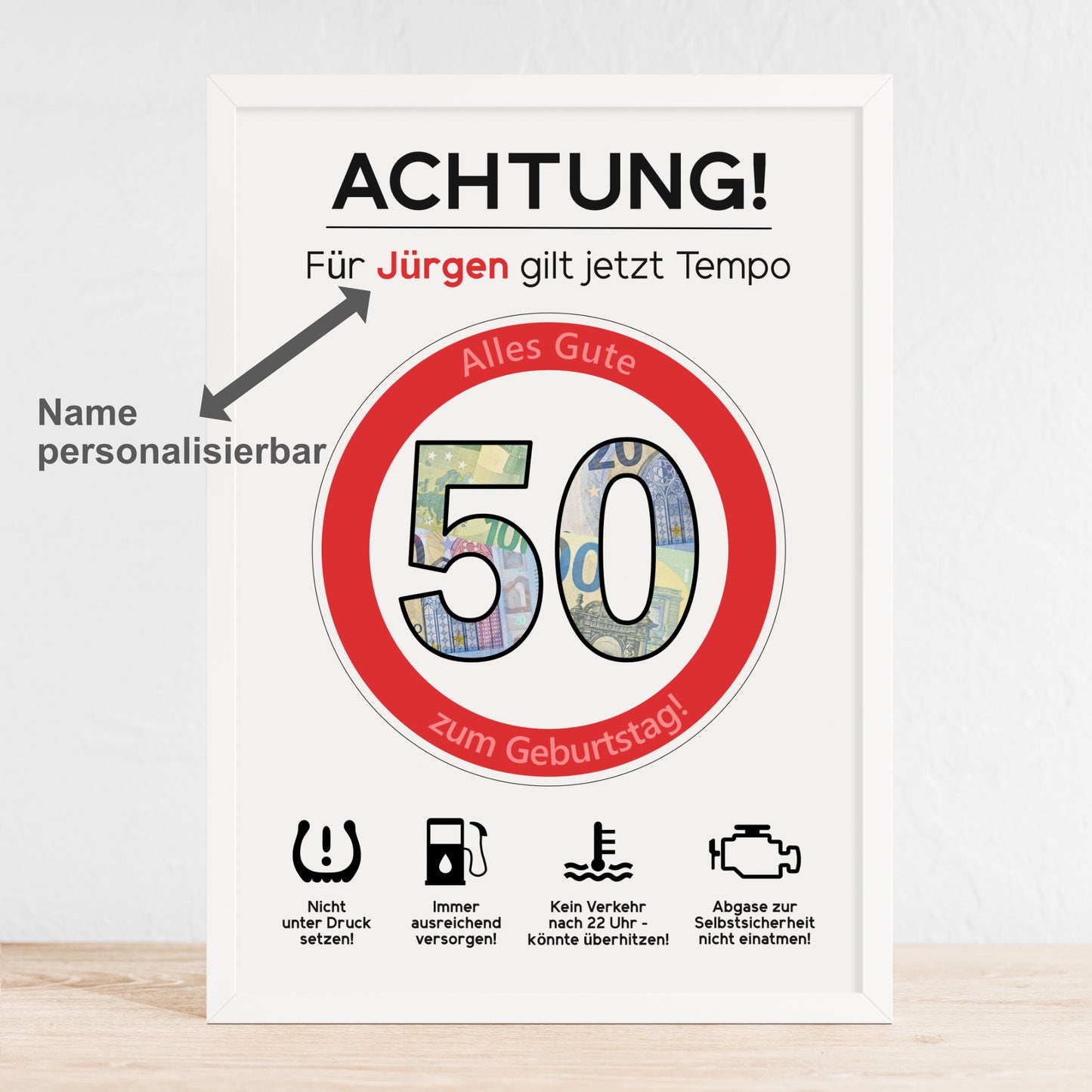 Geldgeschenk 50. Geburtstag Achtung Tempo Jubiläum runder Geburtstag Personalisiert Verkehrsschild
