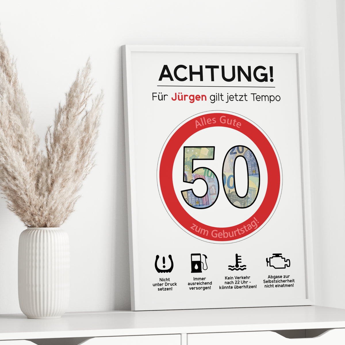 Geldgeschenk 50. Geburtstag Achtung Tempo Jubiläum runder Geburtstag Personalisiert Verkehrsschild