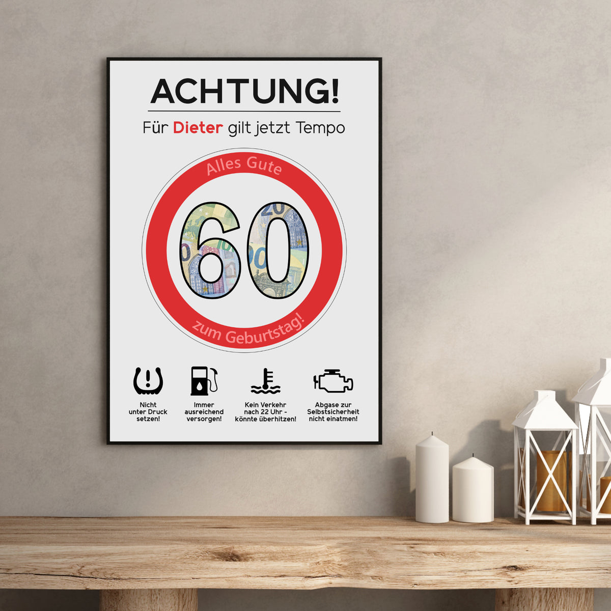 Geldgeschenk 60. Geburtstag Achtung Tempo Jubiläum runder Geburtstag Personalisiert Verkehrsschild