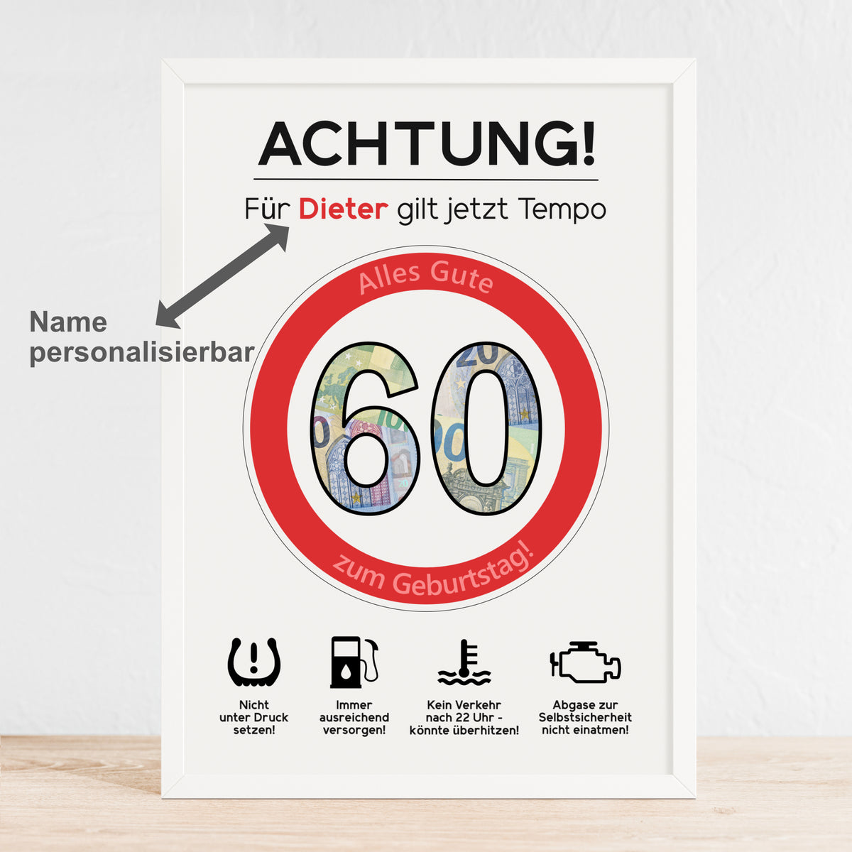 Geldgeschenk 60. Geburtstag Achtung Tempo Jubiläum runder Geburtstag Personalisiert Verkehrsschild