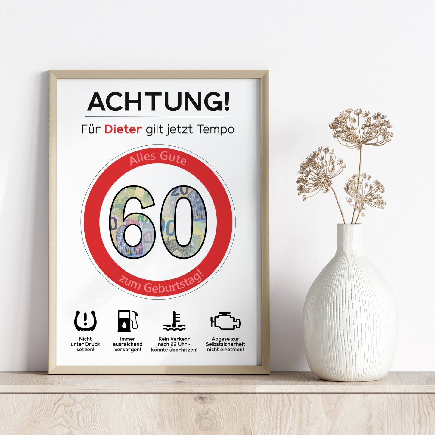 Geldgeschenk 60. Geburtstag Achtung Tempo Jubiläum runder Geburtstag Personalisiert Verkehrsschild