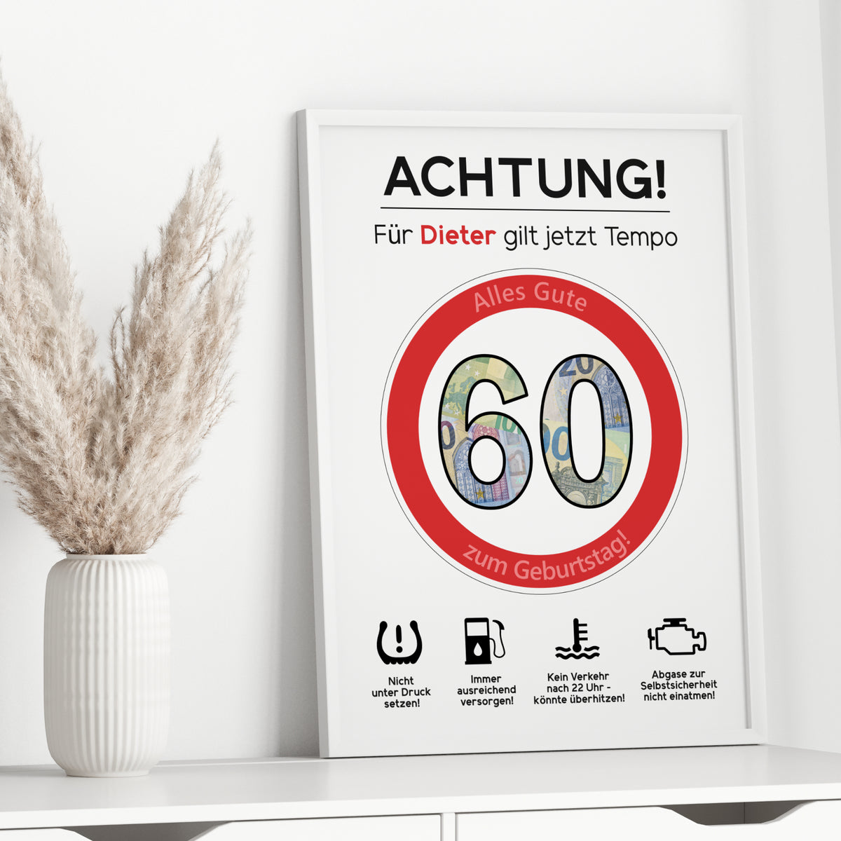 Geldgeschenk 60. Geburtstag Achtung Tempo Jubiläum runder Geburtstag Personalisiert Verkehrsschild