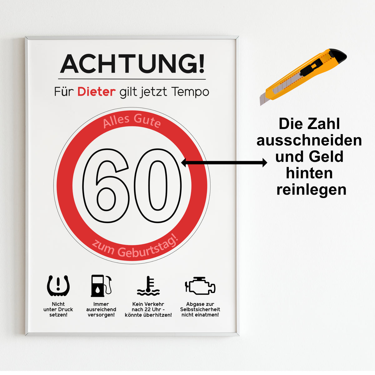Geldgeschenk 60. Geburtstag Achtung Tempo Jubiläum runder Geburtstag Personalisiert Verkehrsschild