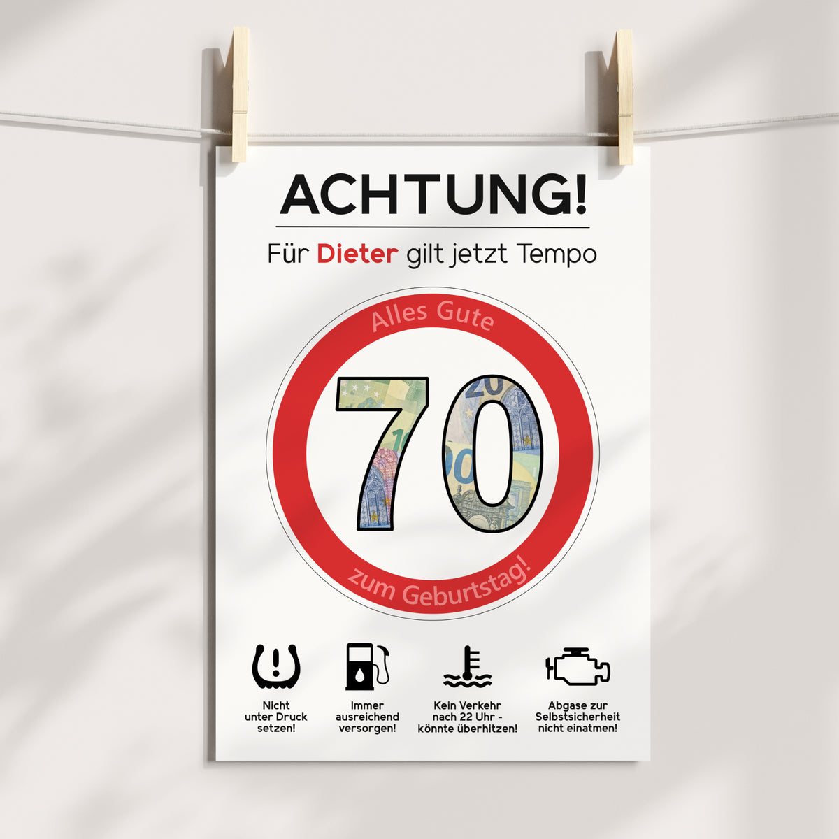 Geldgeschenk 70. Geburtstag Achtung Tempo Jubiläum runder Geburtstag Personalisiert Verkehrsschild
