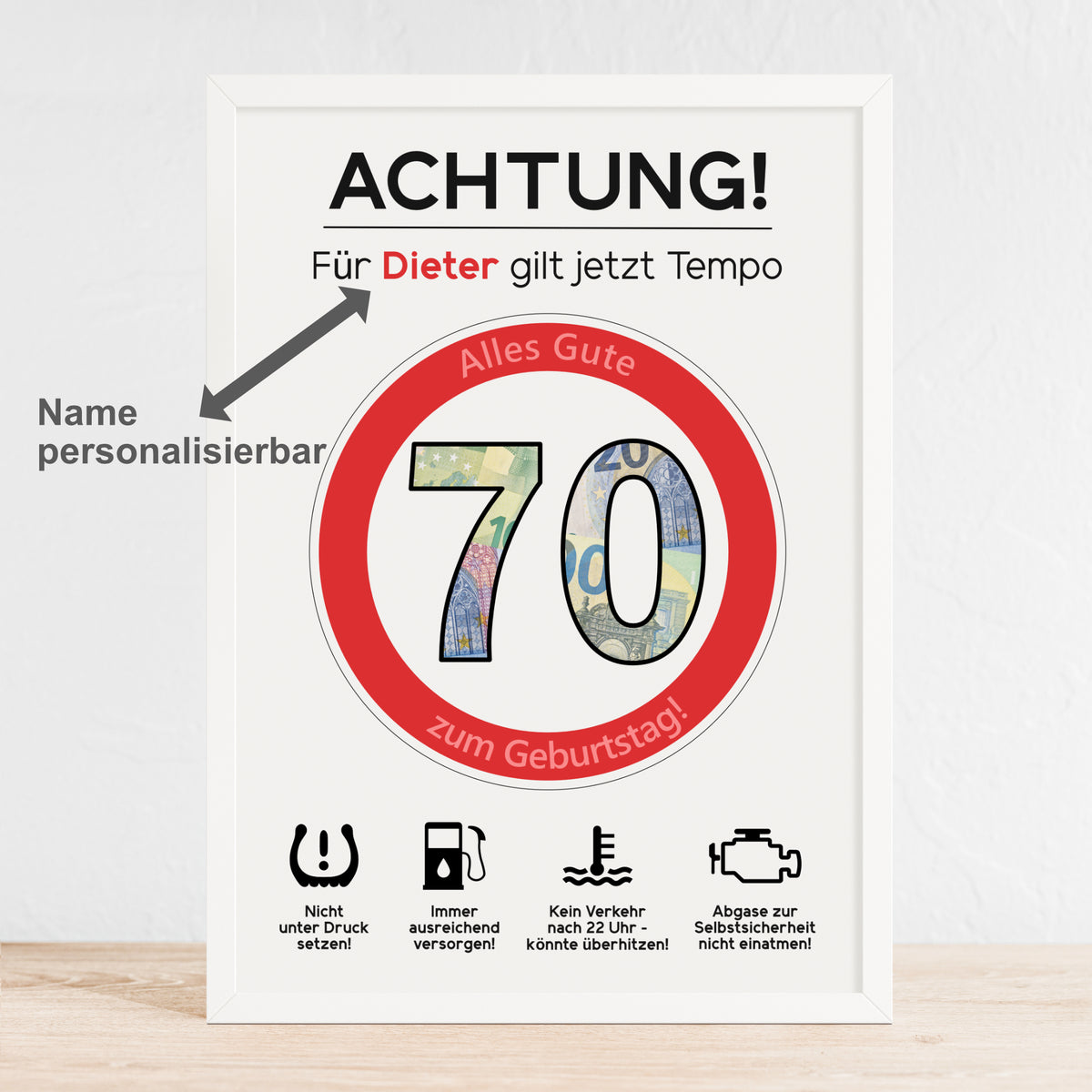 Geldgeschenk 70. Geburtstag Achtung Tempo Jubiläum runder Geburtstag Personalisiert Verkehrsschild