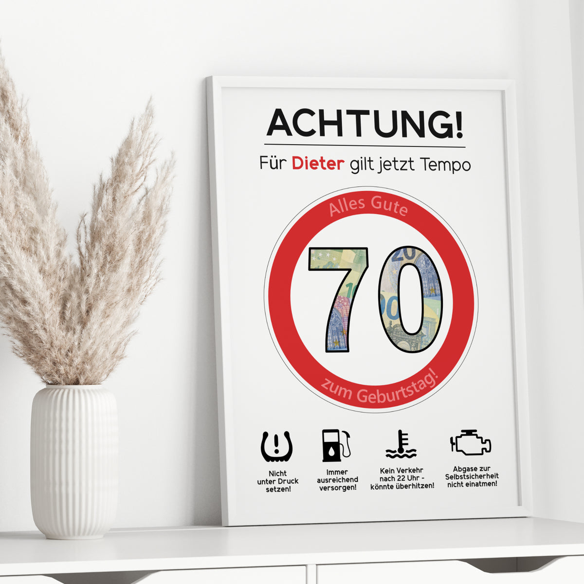 Geldgeschenk 70. Geburtstag Achtung Tempo Jubiläum runder Geburtstag Personalisiert Verkehrsschild
