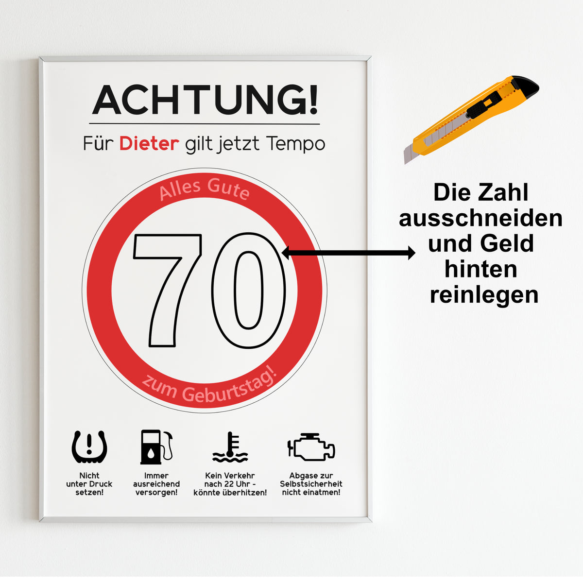 Geldgeschenk 70. Geburtstag Achtung Tempo Jubiläum runder Geburtstag Personalisiert Verkehrsschild