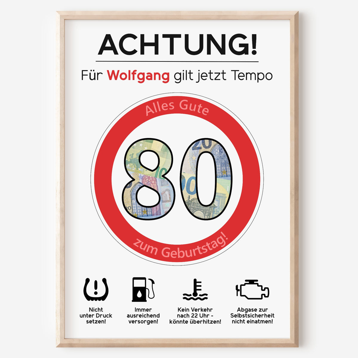 Geldgeschenk 80. Geburtstag Achtung Tempo Jubiläum runder Geburtstag Personalisiert Verkehrsschild