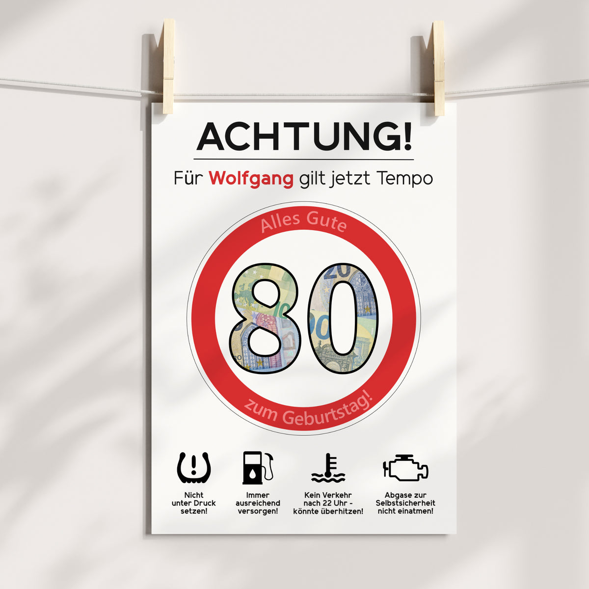 Geldgeschenk 80. Geburtstag Achtung Tempo Jubiläum runder Geburtstag Personalisiert Verkehrsschild