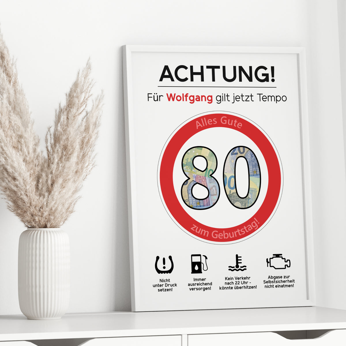 Geldgeschenk 80. Geburtstag Achtung Tempo Jubiläum runder Geburtstag Personalisiert Verkehrsschild