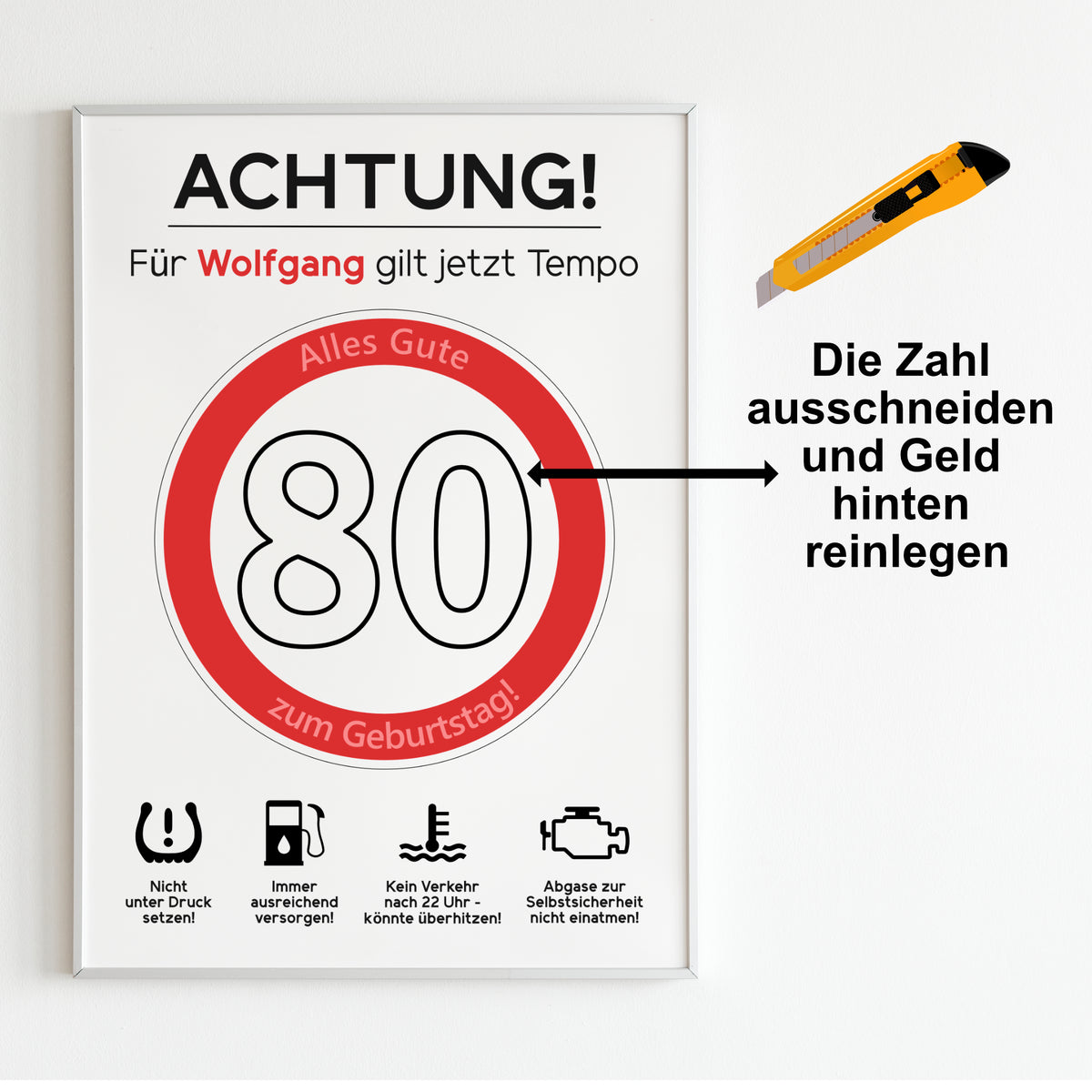 Geldgeschenk 80. Geburtstag Achtung Tempo Jubiläum runder Geburtstag Personalisiert Verkehrsschild