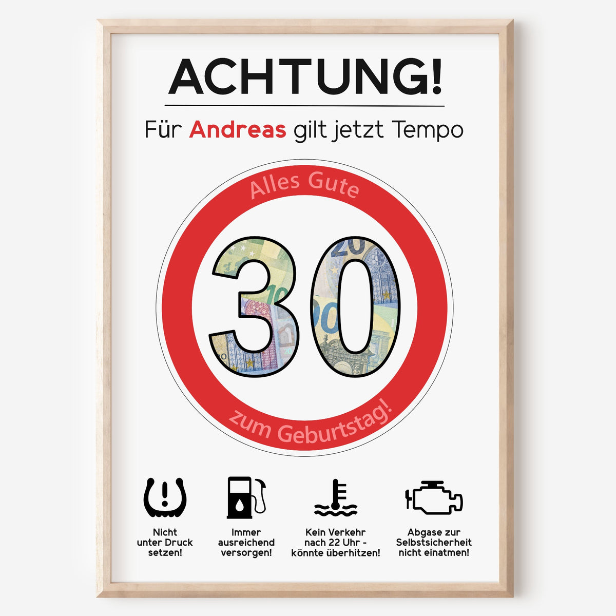 Geldgeschenk 30. Geburtstag Achtung Tempo Jubiläum runder Geburtstag Personalisiert Verkehrsschild