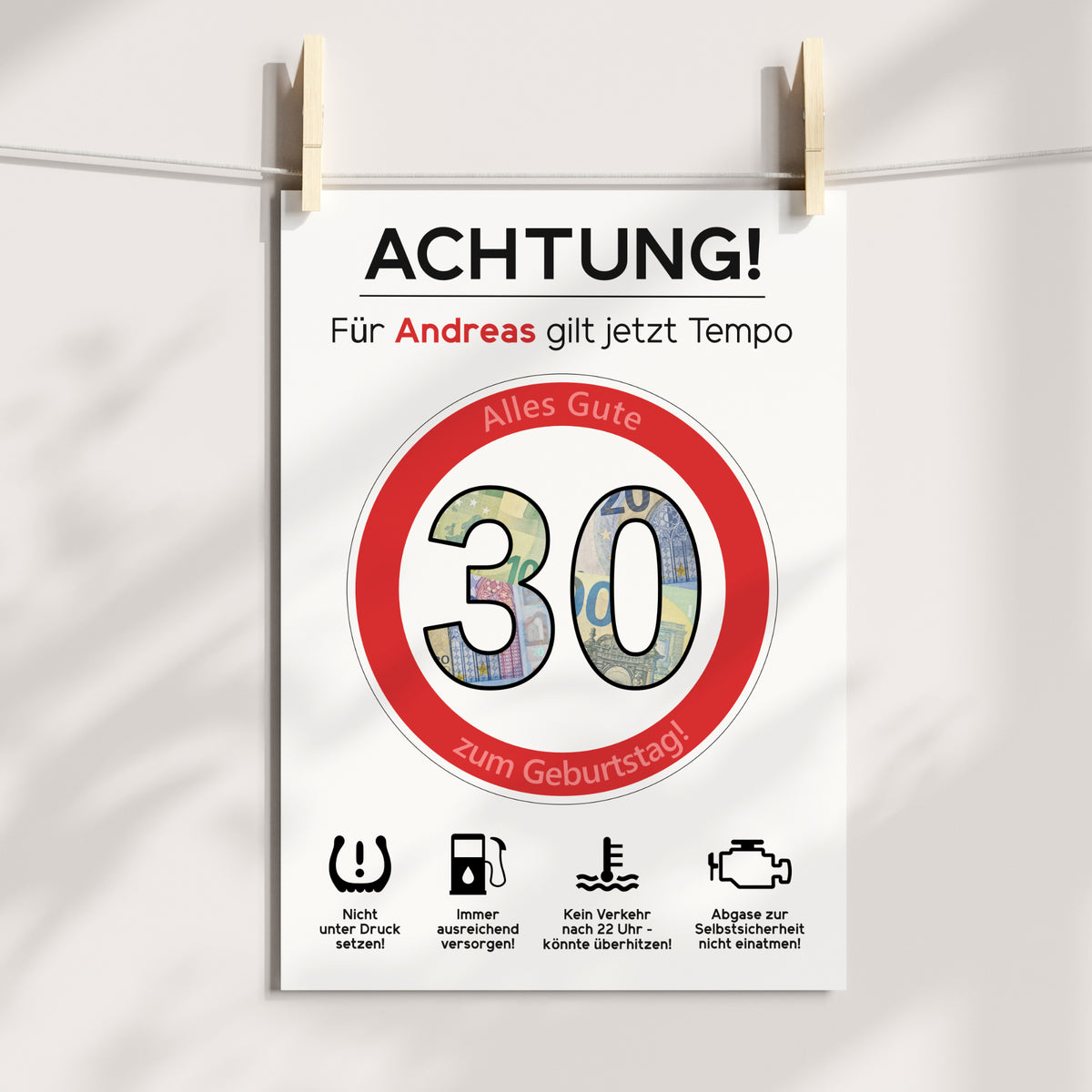Geldgeschenk 30. Geburtstag Achtung Tempo Jubiläum runder Geburtstag Personalisiert Verkehrsschild