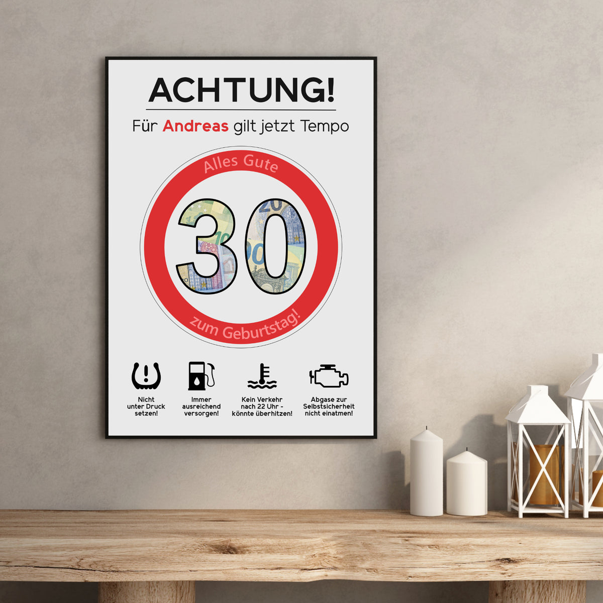 Geldgeschenk 30. Geburtstag Achtung Tempo Jubiläum runder Geburtstag Personalisiert Verkehrsschild