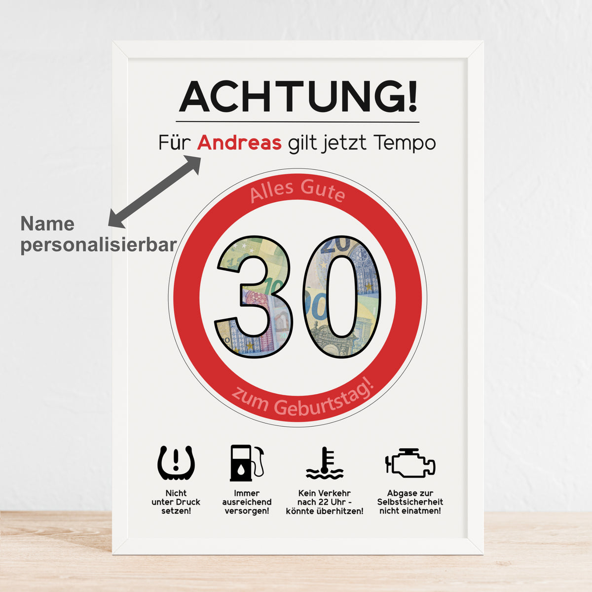Geldgeschenk 30. Geburtstag Achtung Tempo Jubiläum runder Geburtstag Personalisiert Verkehrsschild