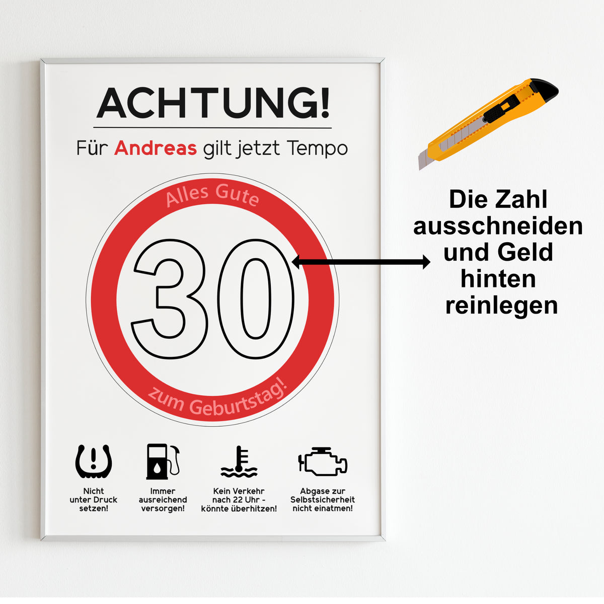 Geldgeschenk 30. Geburtstag Achtung Tempo Jubiläum runder Geburtstag Personalisiert Verkehrsschild