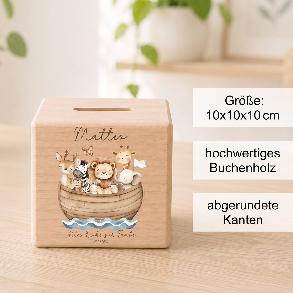 Spardose aus Holz für Taufkinder personalisiert mit Namen als Geschenk zur Taufe mit Arche Noah Bild