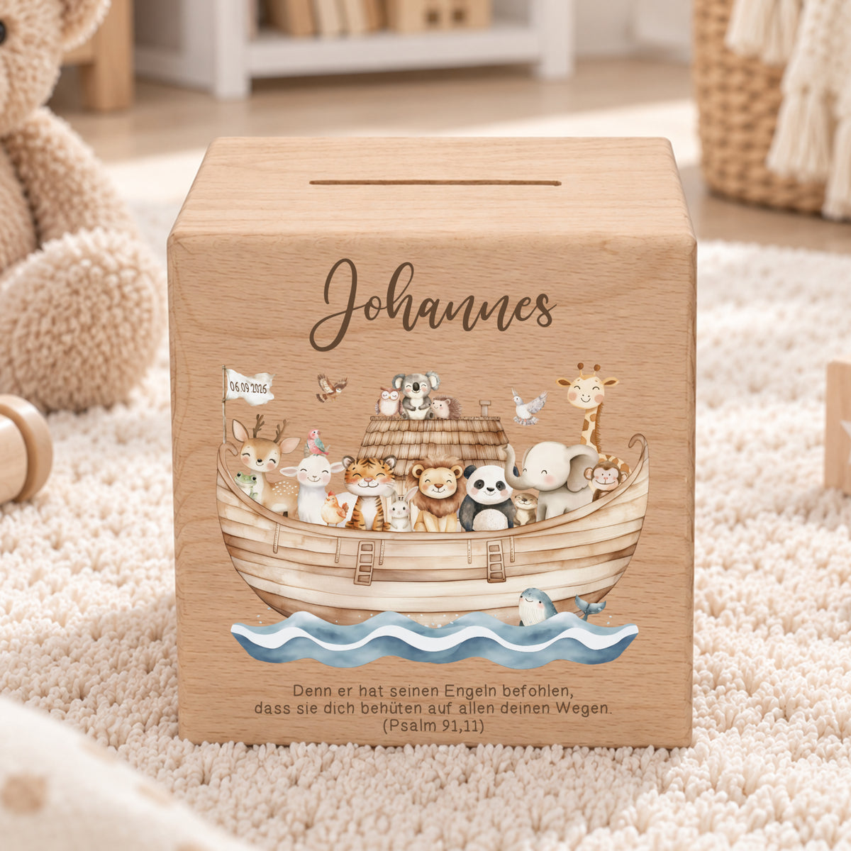 Holzspardose für Taufkinder personalisiert mit Namen + Spruch als Geschenk zur Taufe mit Arche Noah