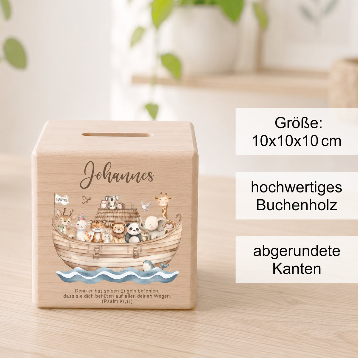 Holzspardose für Taufkinder personalisiert mit Namen + Spruch als Geschenk zur Taufe mit Arche Noah