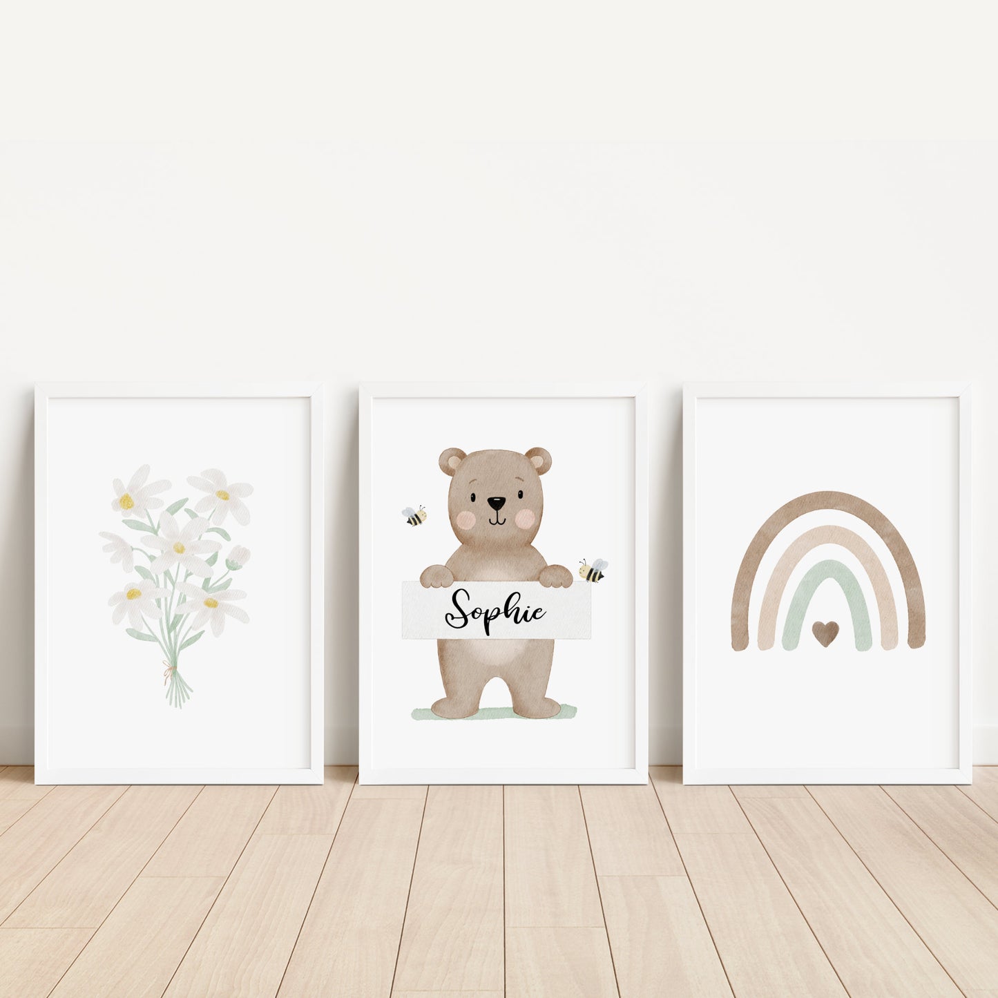 3er Set Poster Bär Bienen Blumen Name personalisiert Kinderzimmer Mädchen Jungen Geburt
