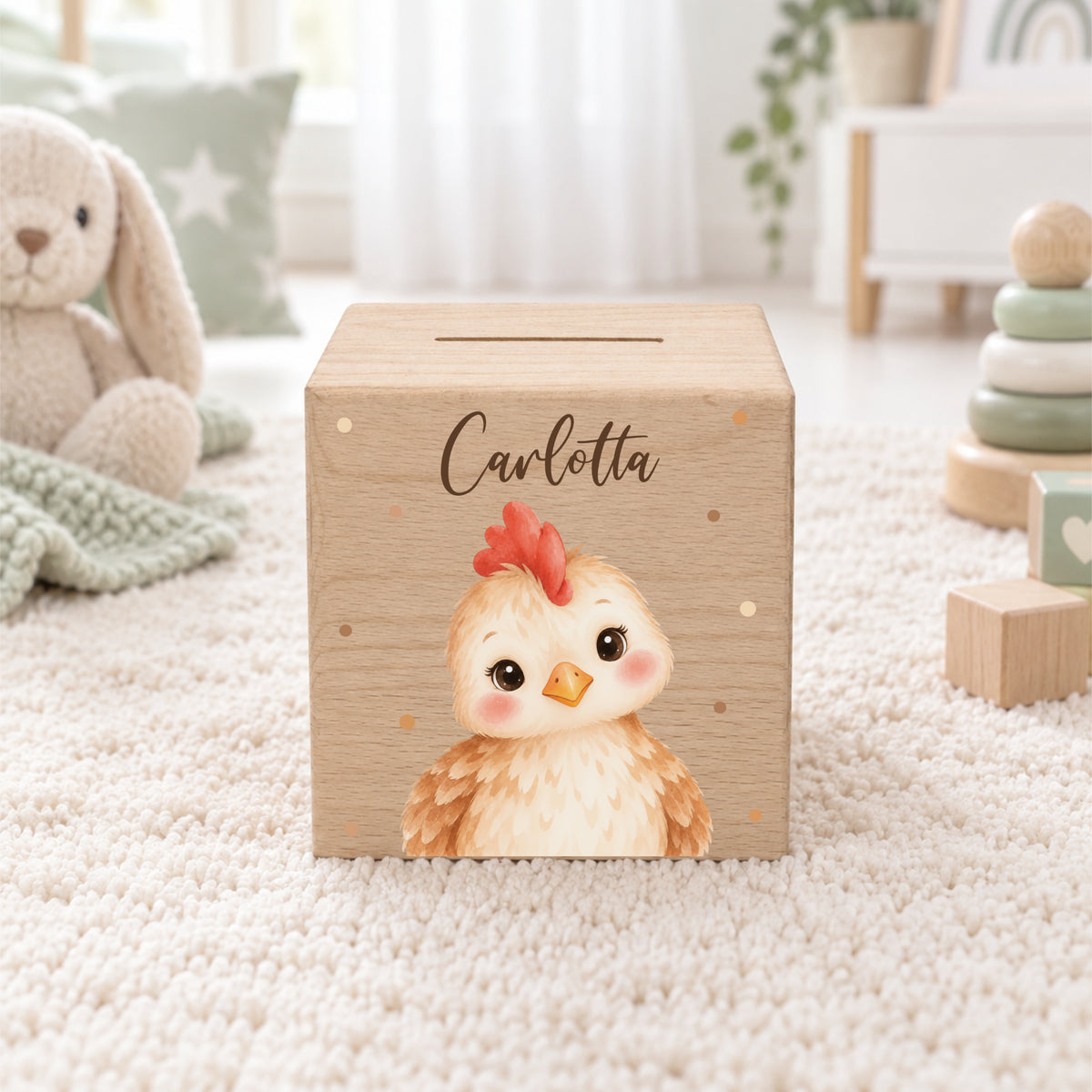 Holzspardose für Kinder personalisiert mit Namen mit Auswahl an Bauernhoftieren
