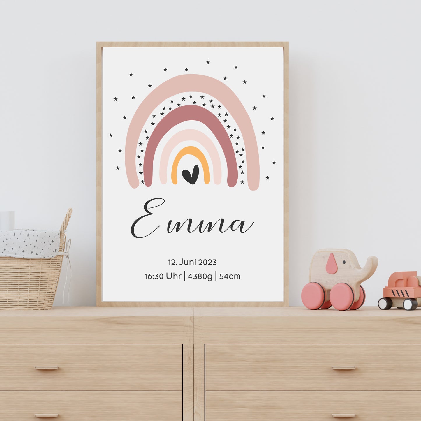 Geburtsposter Geburtsdaten personalisiert Kinderzimmer Regenbogen Rosa Mädchen