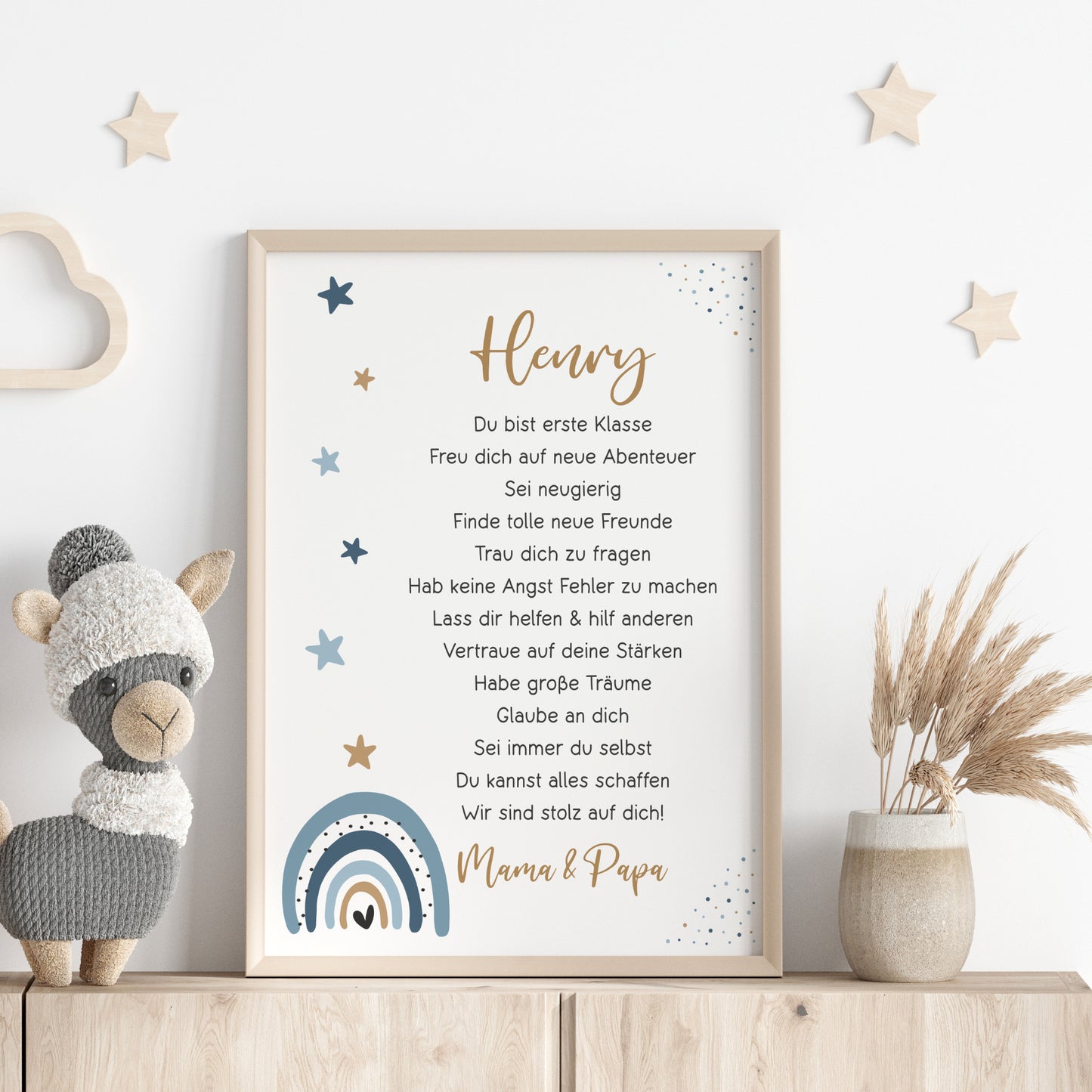 Einschulung Poster Affirmation Schulanfang 1. Klasse Schule Jungen personalisiert Regenbogen blau