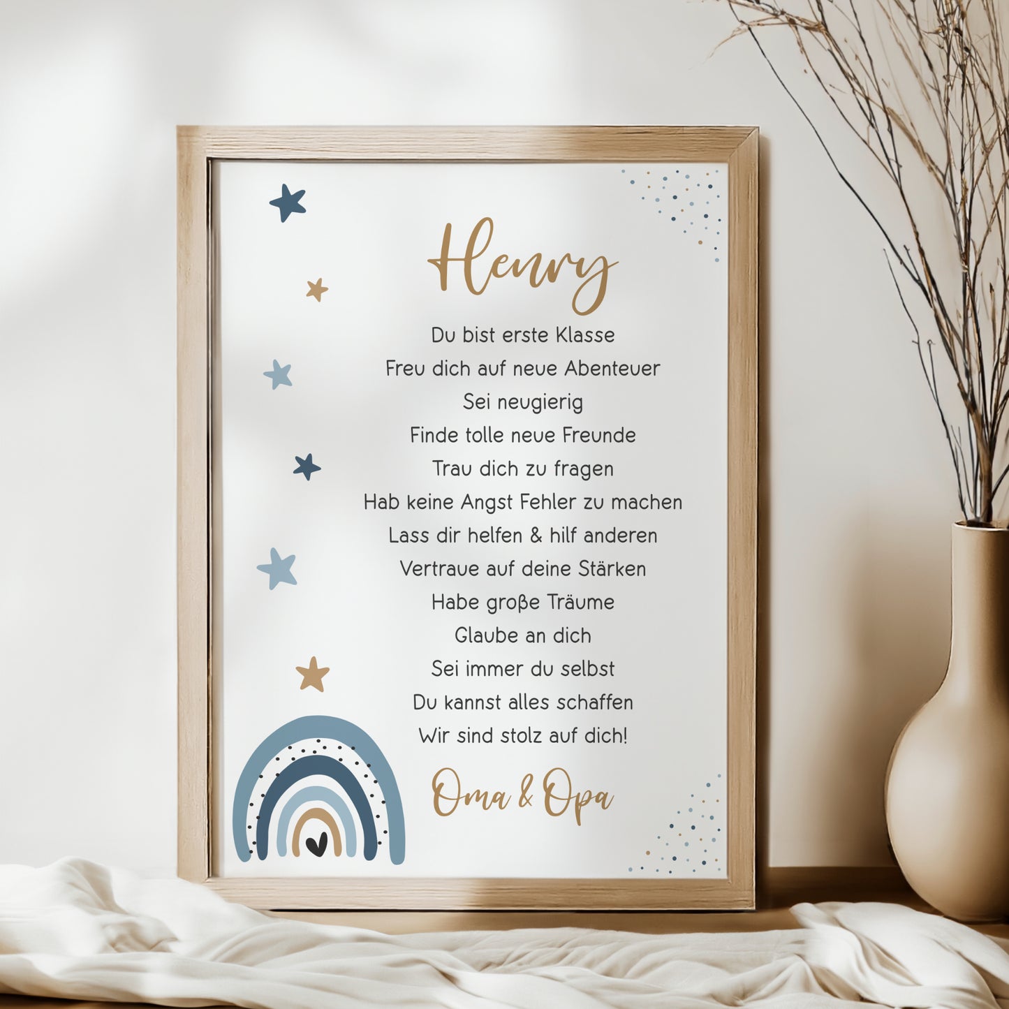 Einschulung Poster Affirmation Schulanfang 1. Klasse Schule Jungen personalisiert Regenbogen blau
