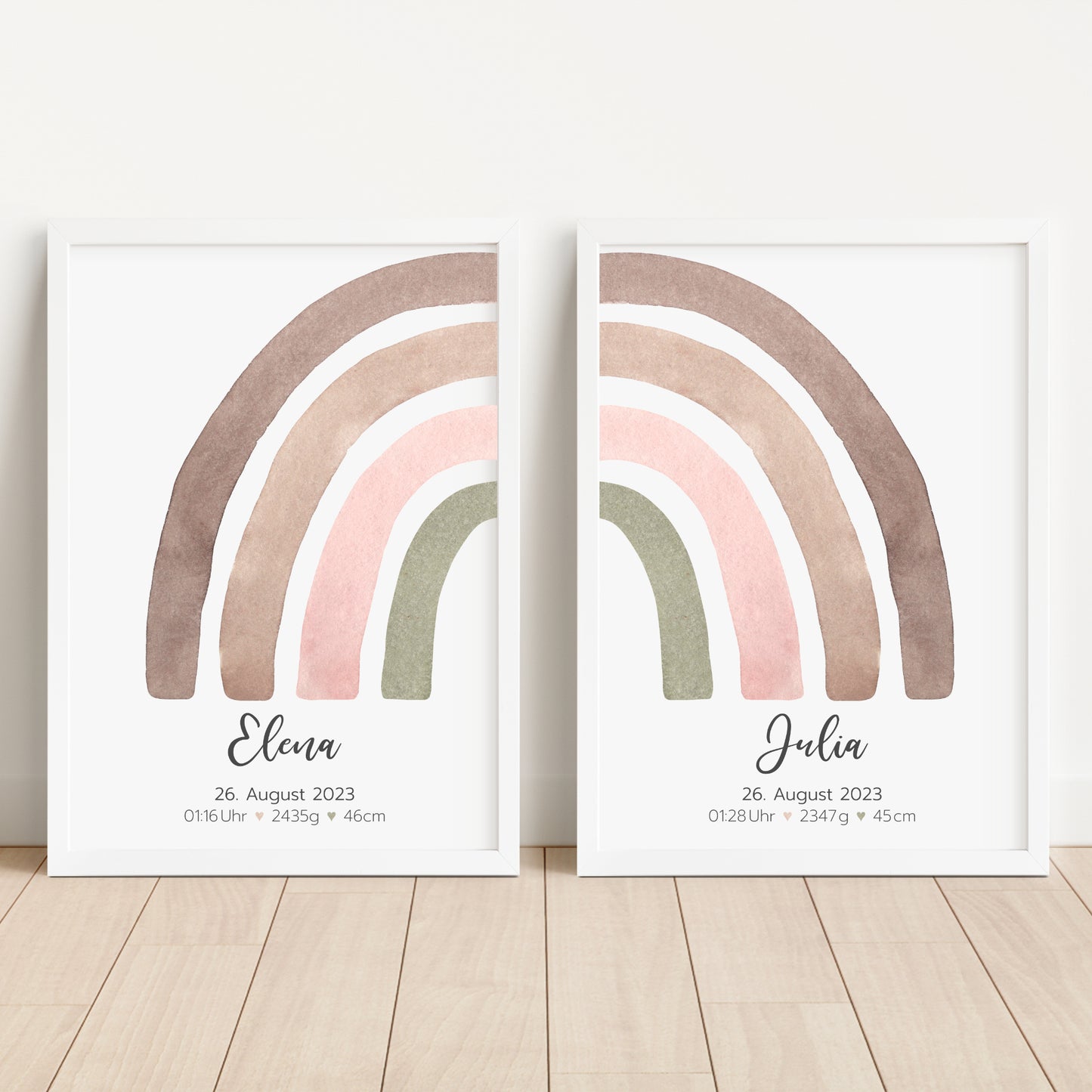 Geburtsposter Zwillinge Geschwister Geburtsdaten Regenbogen Mädchen Jungen personalisiert