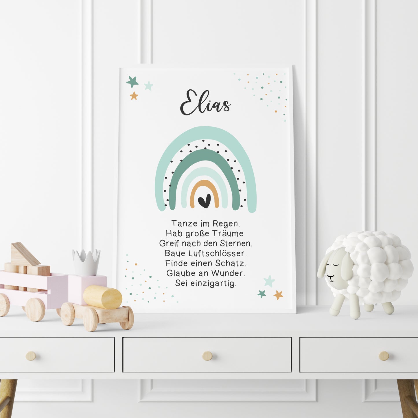 Kinderzimmer Poster Affirmation Regenbogen Mintgrün personalisiert
