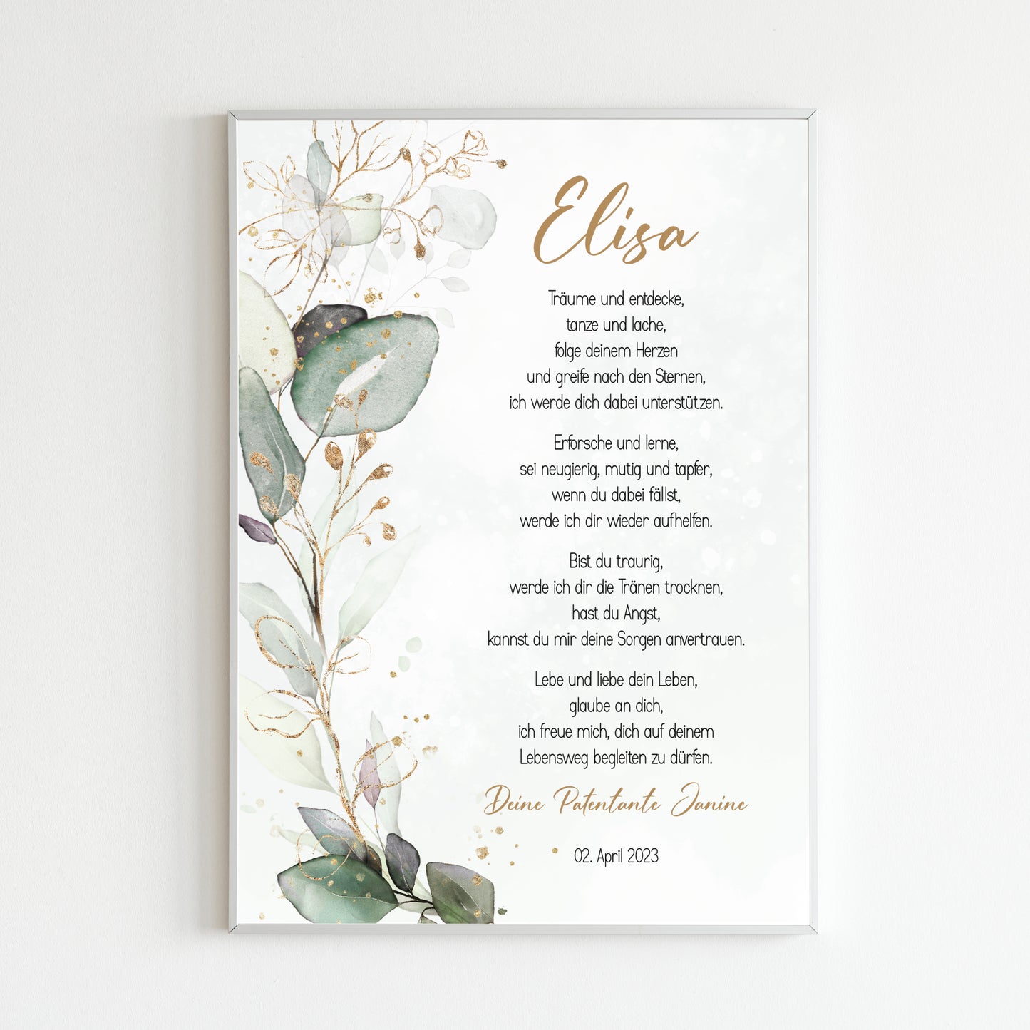 Patenbrief Poster Patenkind Taufgeschenk Taufe personalisiert Taufbrief Eukalyptus Mädchen Jungen Grün