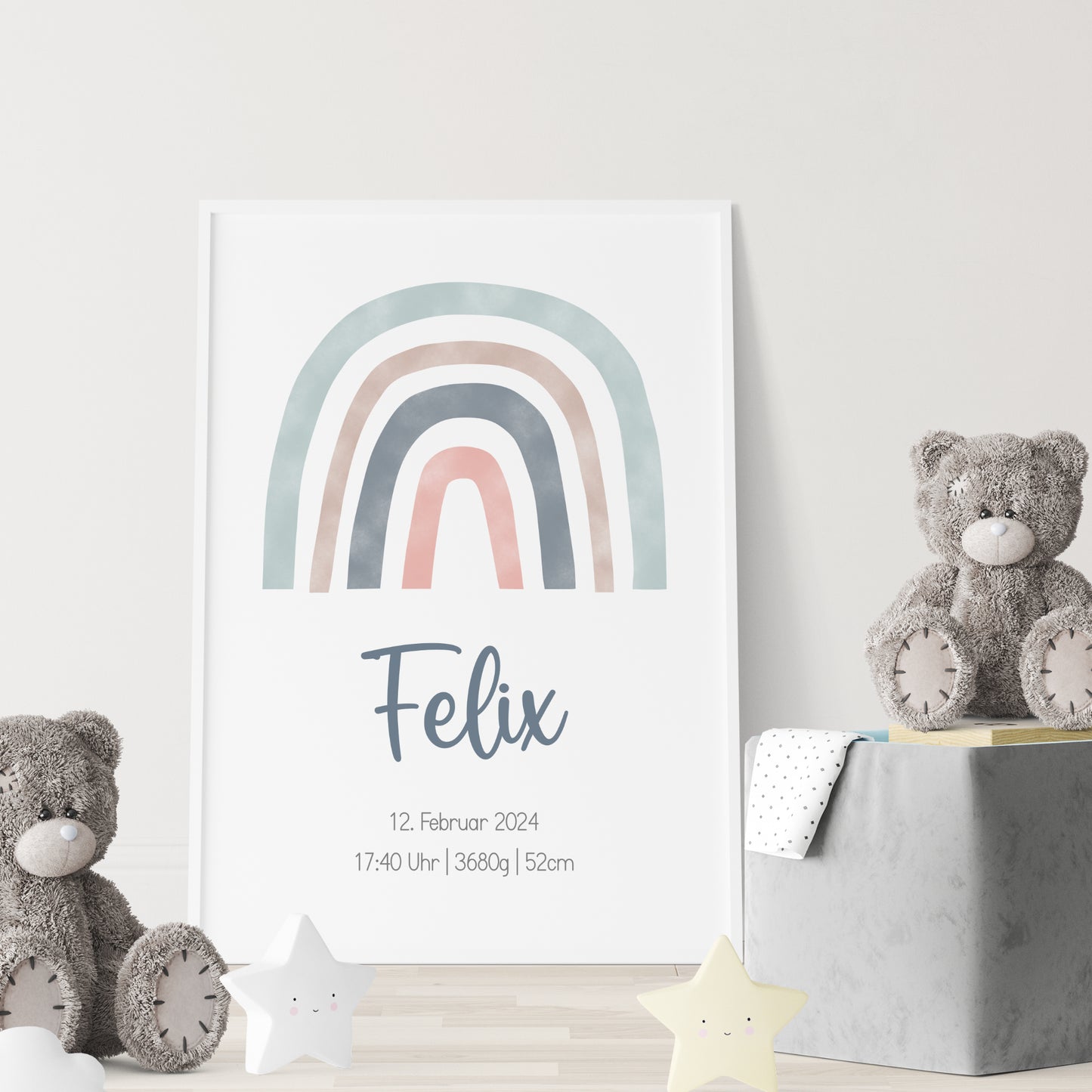 Geburtsposter Geburtsdaten personalisiert Kinderzimmer Regenbogen Jungen Blau