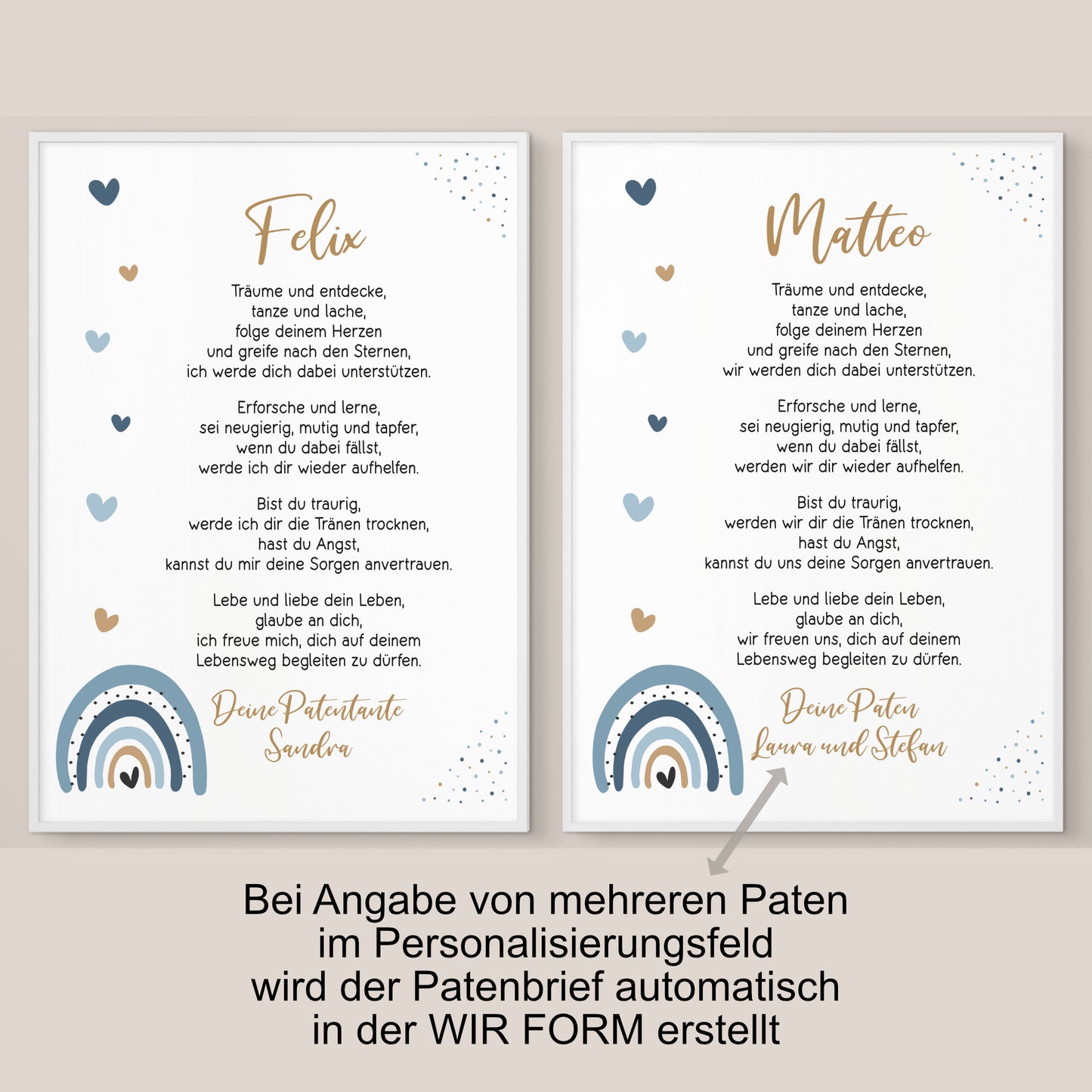 Patenbrief für Patenkind personalisiert Taufe Regenbogen Blau