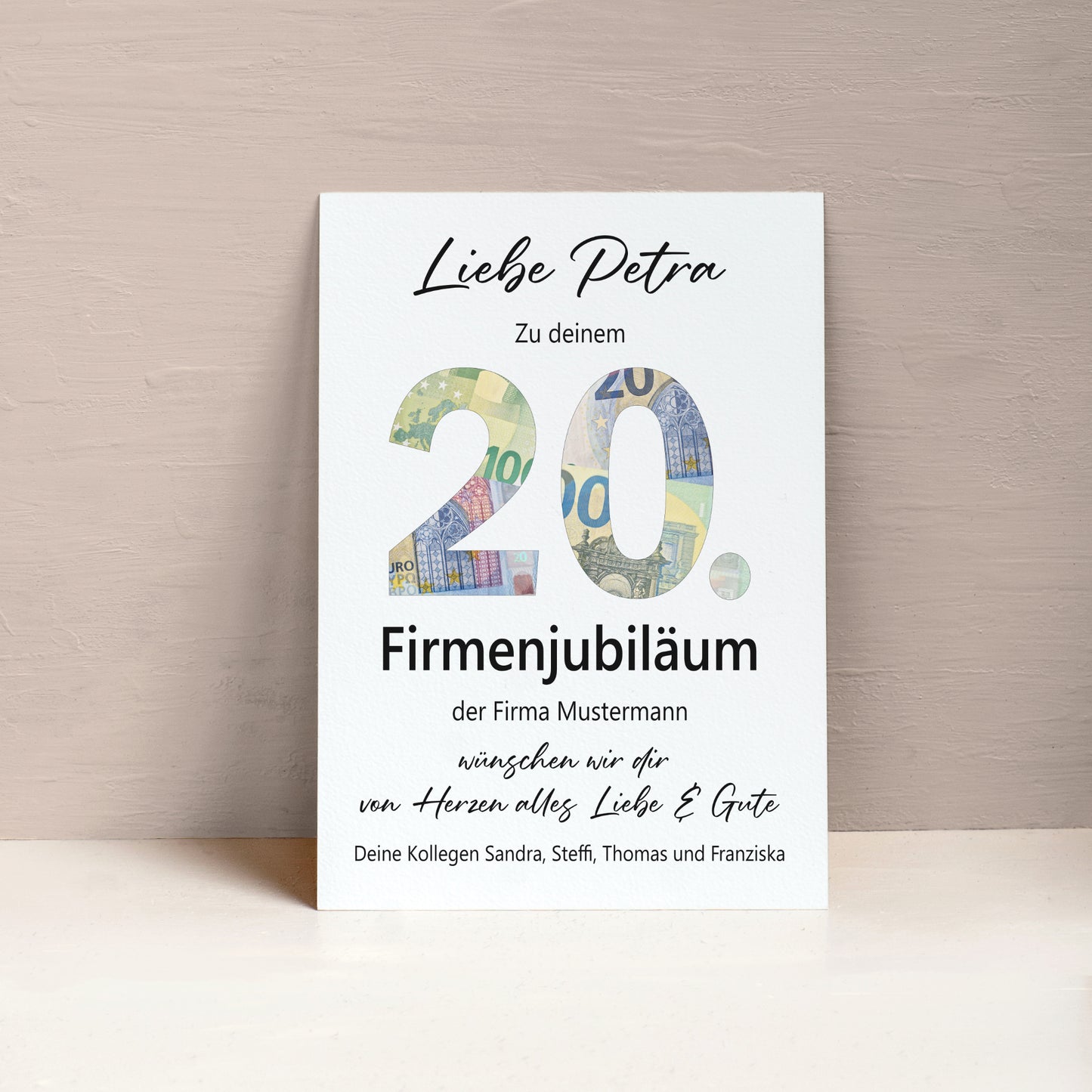 20. Firmenjubiläum Geldgeschenk Dienstjubiläum 20 Jahre Arbeit Kollege Kollegin Mitarbeiter Personalisiert