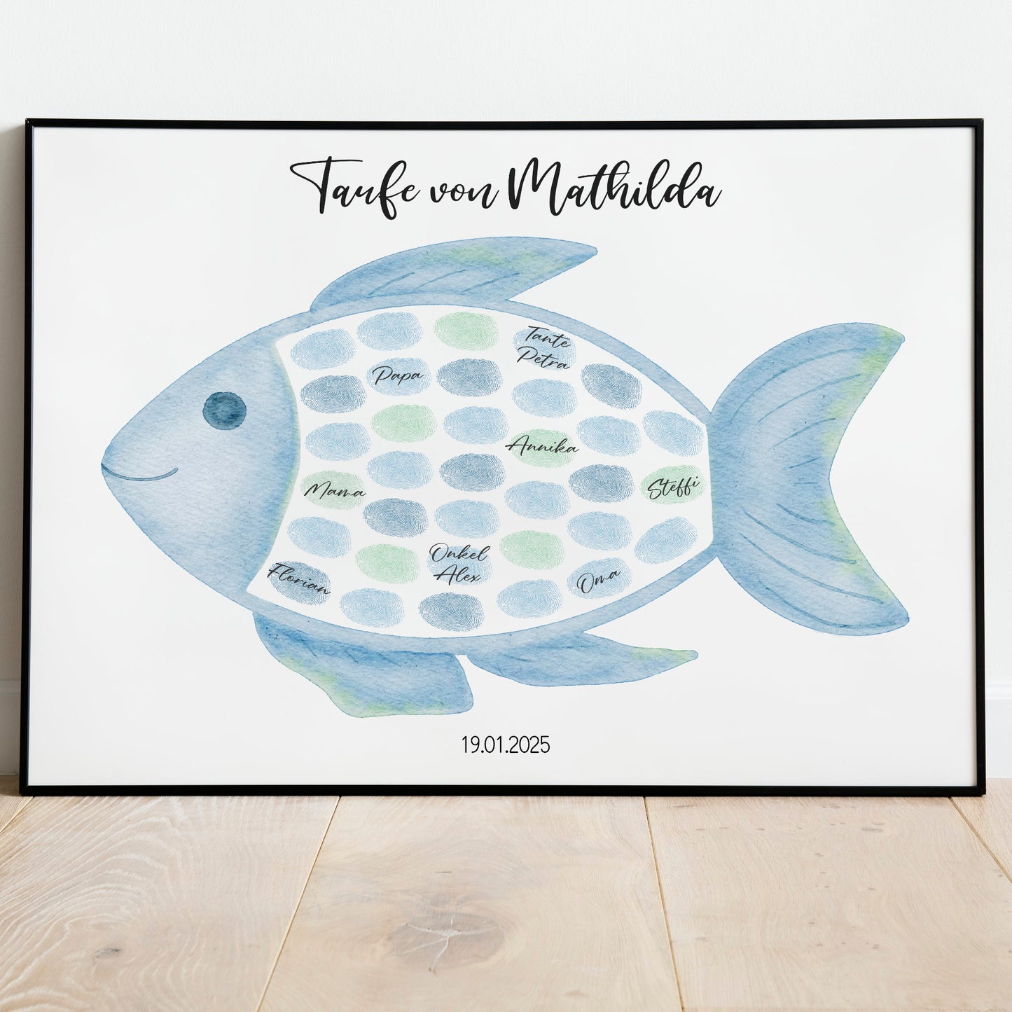 Gästeposter Taufe Fisch Fingerabdrücke Gästebuch personalisiert Taufgeschenk Taufgästebuch Fingerprint Gästebild