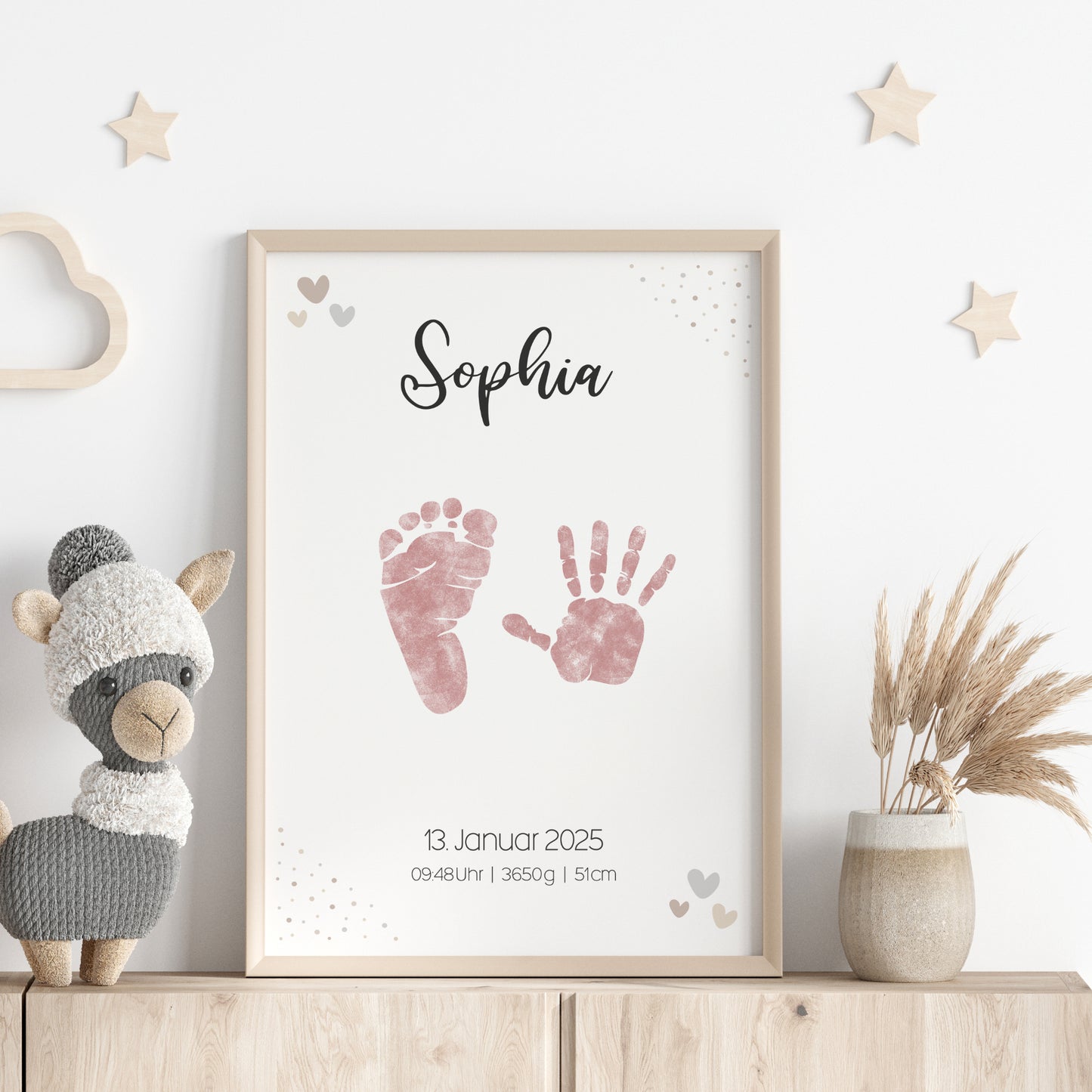 Geburtsposter Vorlage Fußabdrücke Handabdrücke Baby Geburtsdaten personalisiert Kinderzimmer Mädchen Jungen