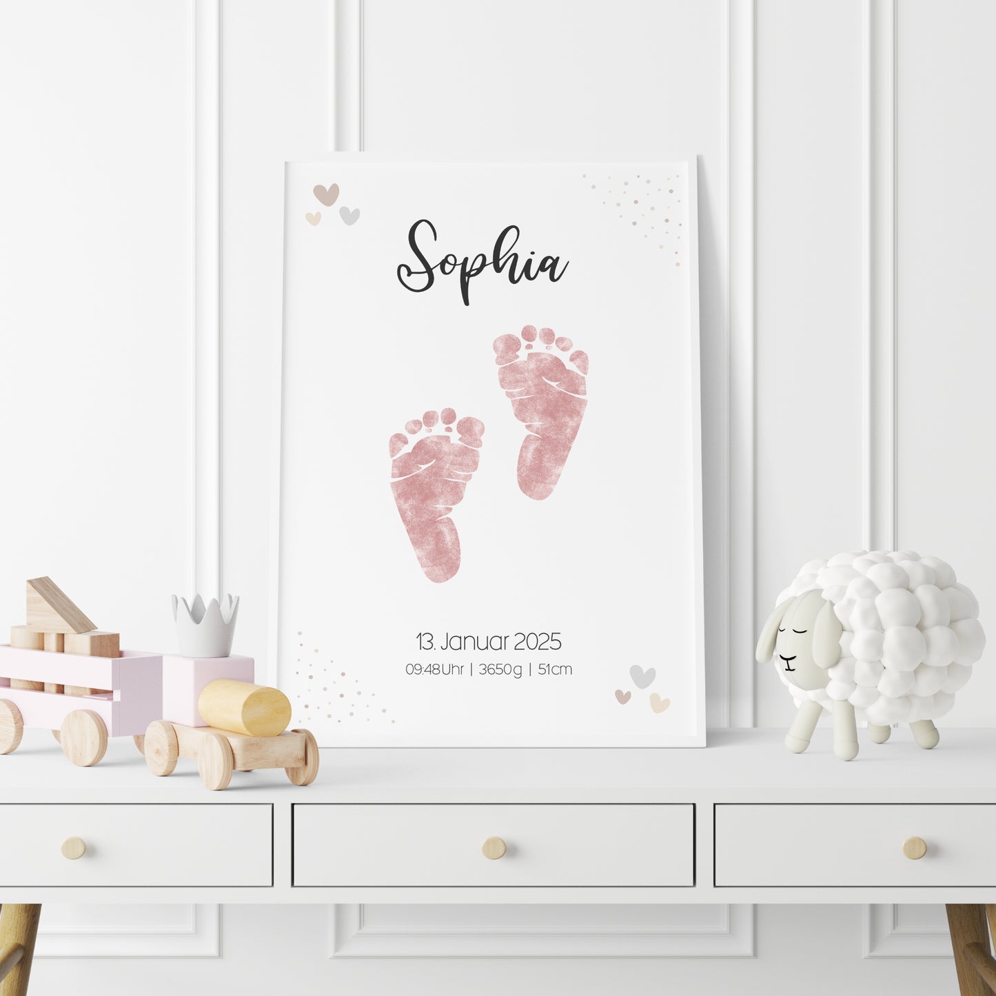 Geburtsposter Vorlage Fußabdrücke Handabdrücke Baby Geburtsdaten personalisiert Kinderzimmer Mädchen Jungen