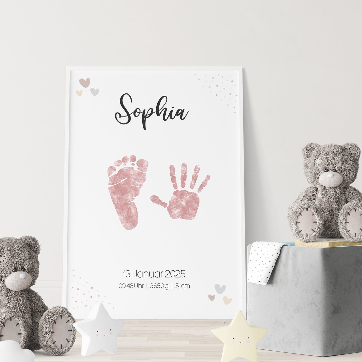 Geburtsposter Vorlage Fußabdrücke Handabdrücke Baby Geburtsdaten personalisiert Kinderzimmer Mädchen Jungen