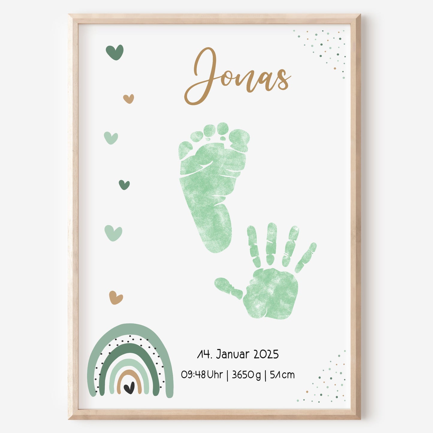 Geburtsposter Vorlage Fußabdrücke Handabdrücke Baby Geburtsdaten personalisiert Regenbogen Blau Jungen