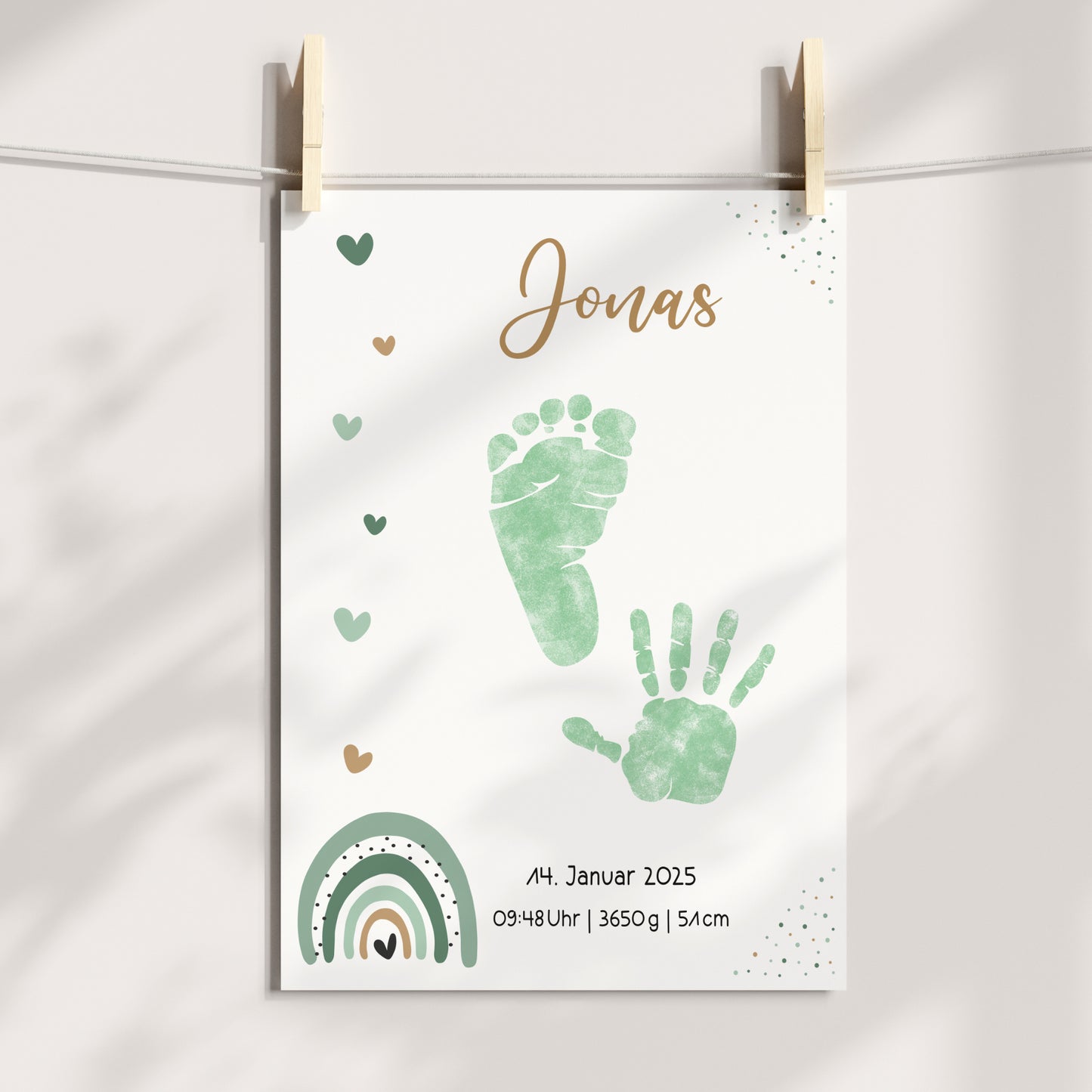 Geburtsposter Vorlage Fußabdrücke Handabdrücke Baby Geburtsdaten personalisiert Regenbogen Mädchen Jungen