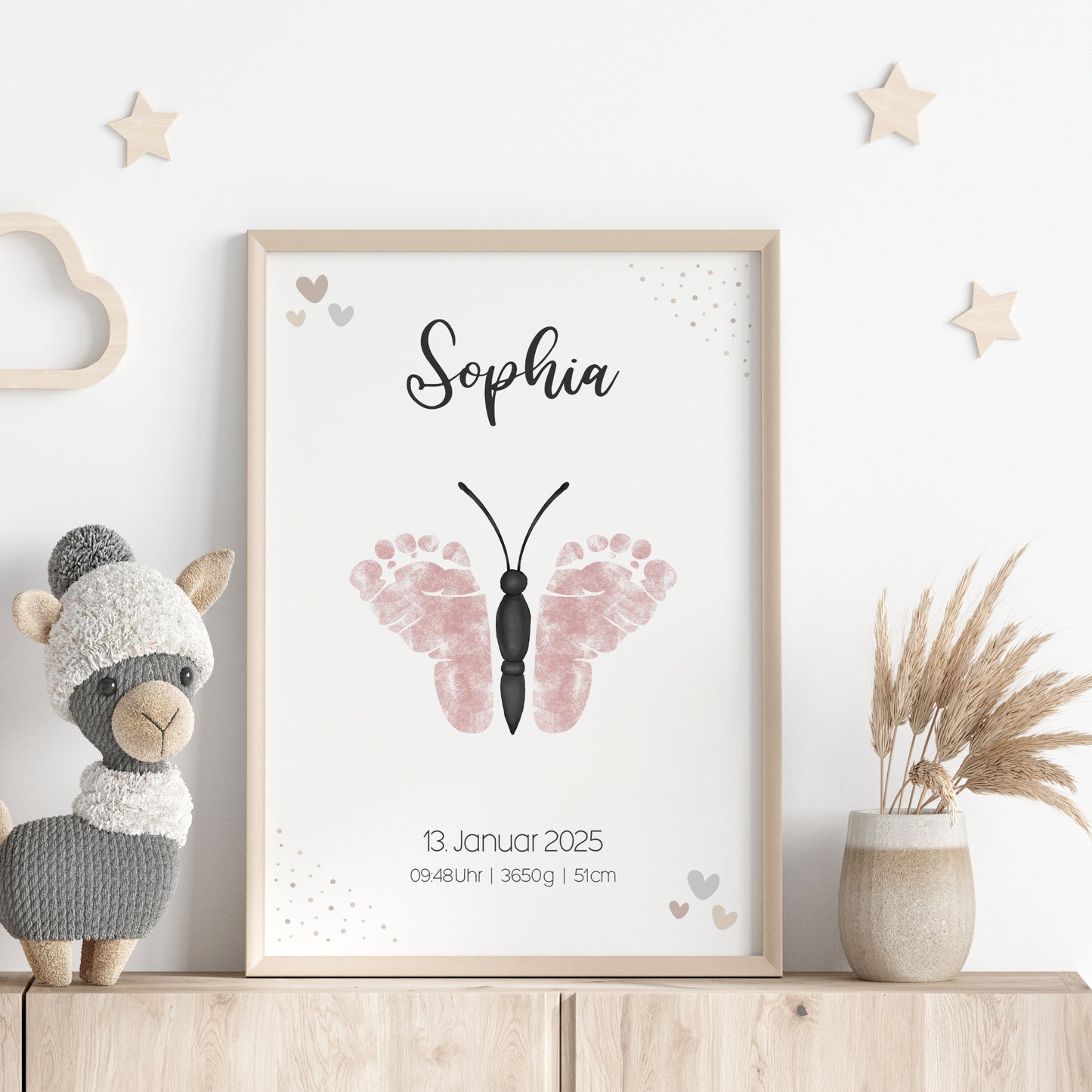 Geburtsposter Fußabdrücke Schmetterling Geburtsdaten personalisiert Kinderzimmer Mädchen
