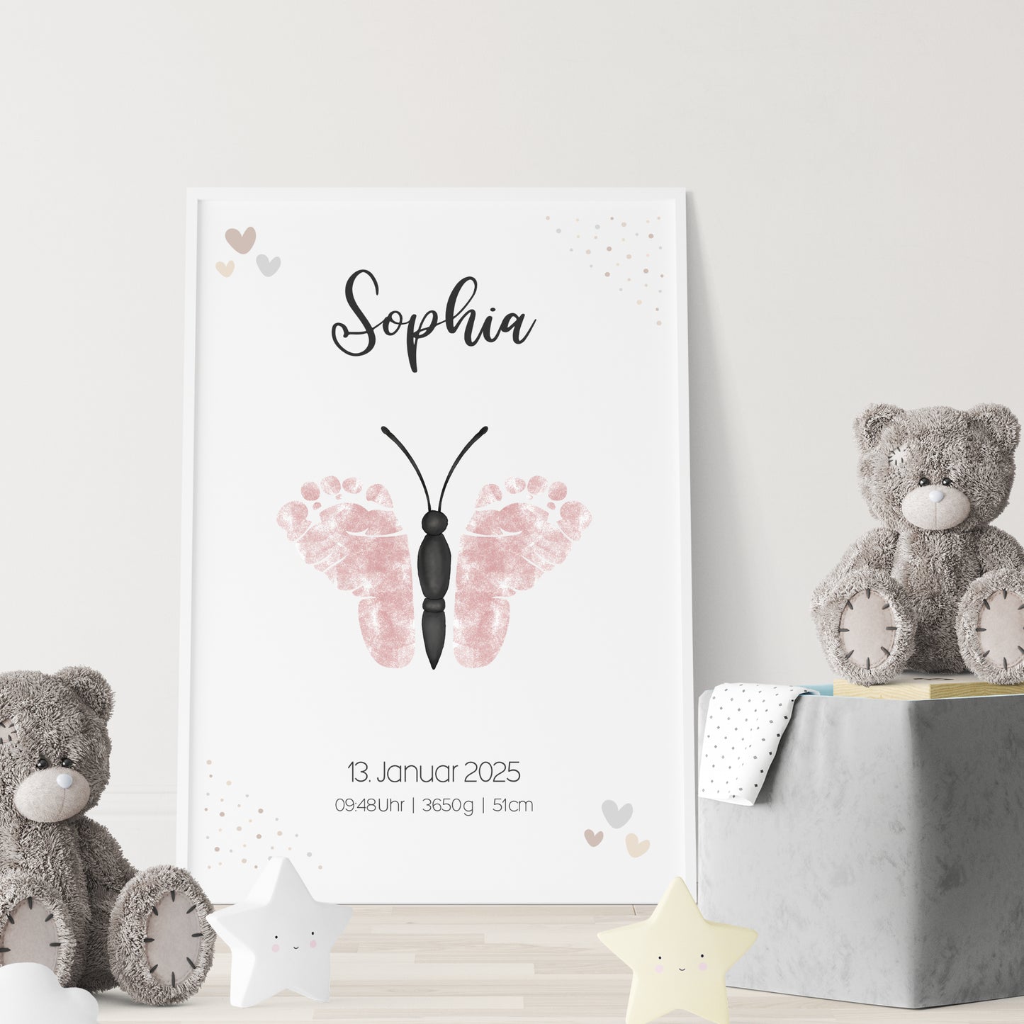Geburtsposter Fußabdrücke Schmetterling Geburtsdaten personalisiert Kinderzimmer Mädchen