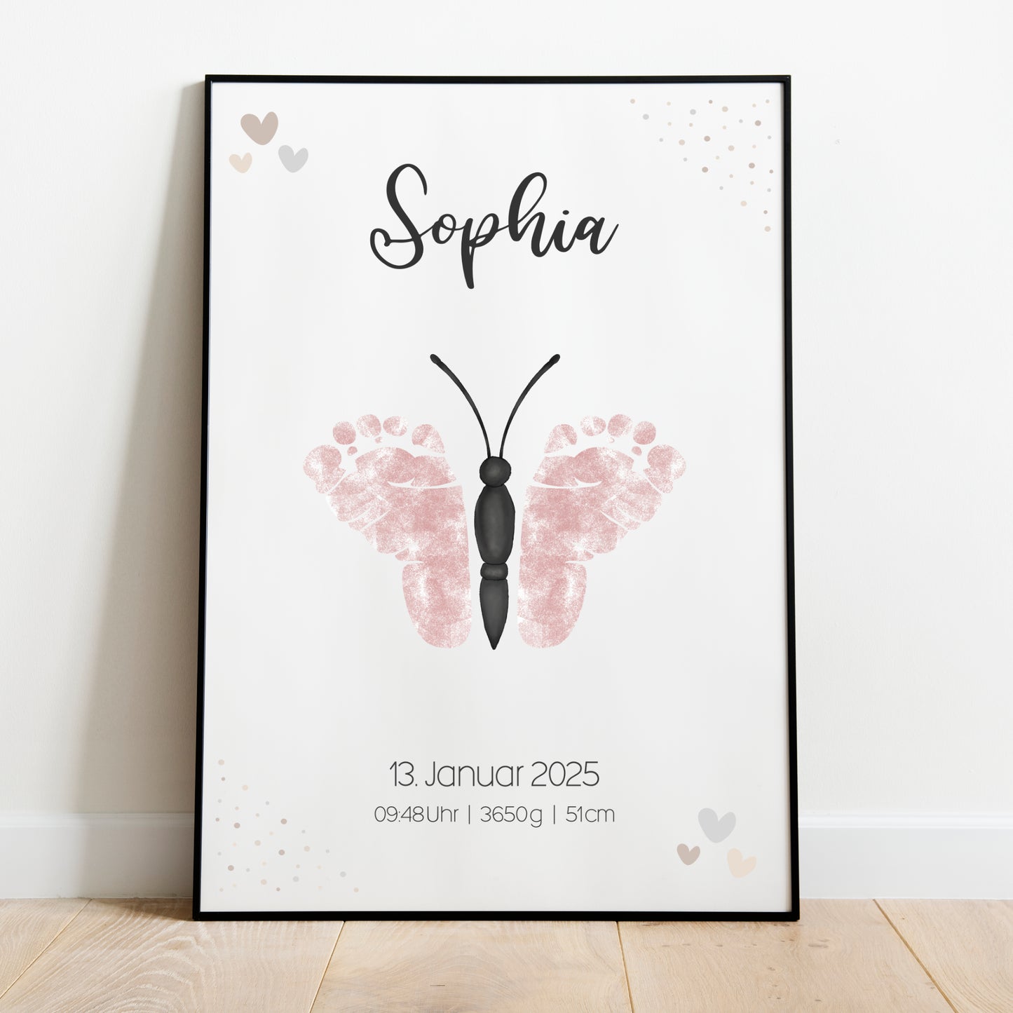 Geburtsposter Fußabdrücke Schmetterling Geburtsdaten personalisiert Kinderzimmer Mädchen