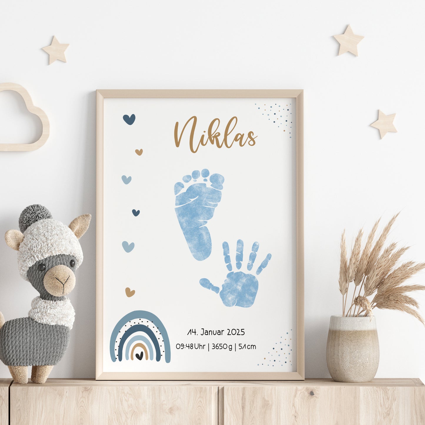 Geburtsposter Vorlage Fußabdrücke Handabdrücke Baby Geburtsdaten personalisiert Regenbogen Blau Jungen