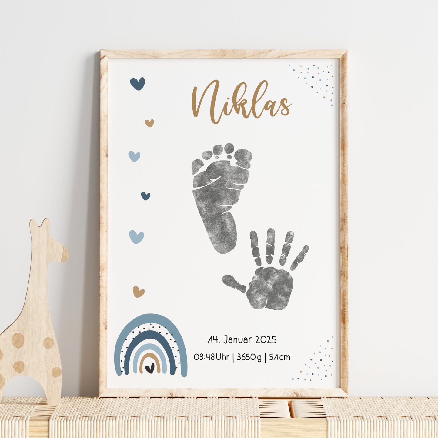Geburtsposter Vorlage Fußabdrücke Handabdrücke Baby Geburtsdaten personalisiert Regenbogen Blau Jungen