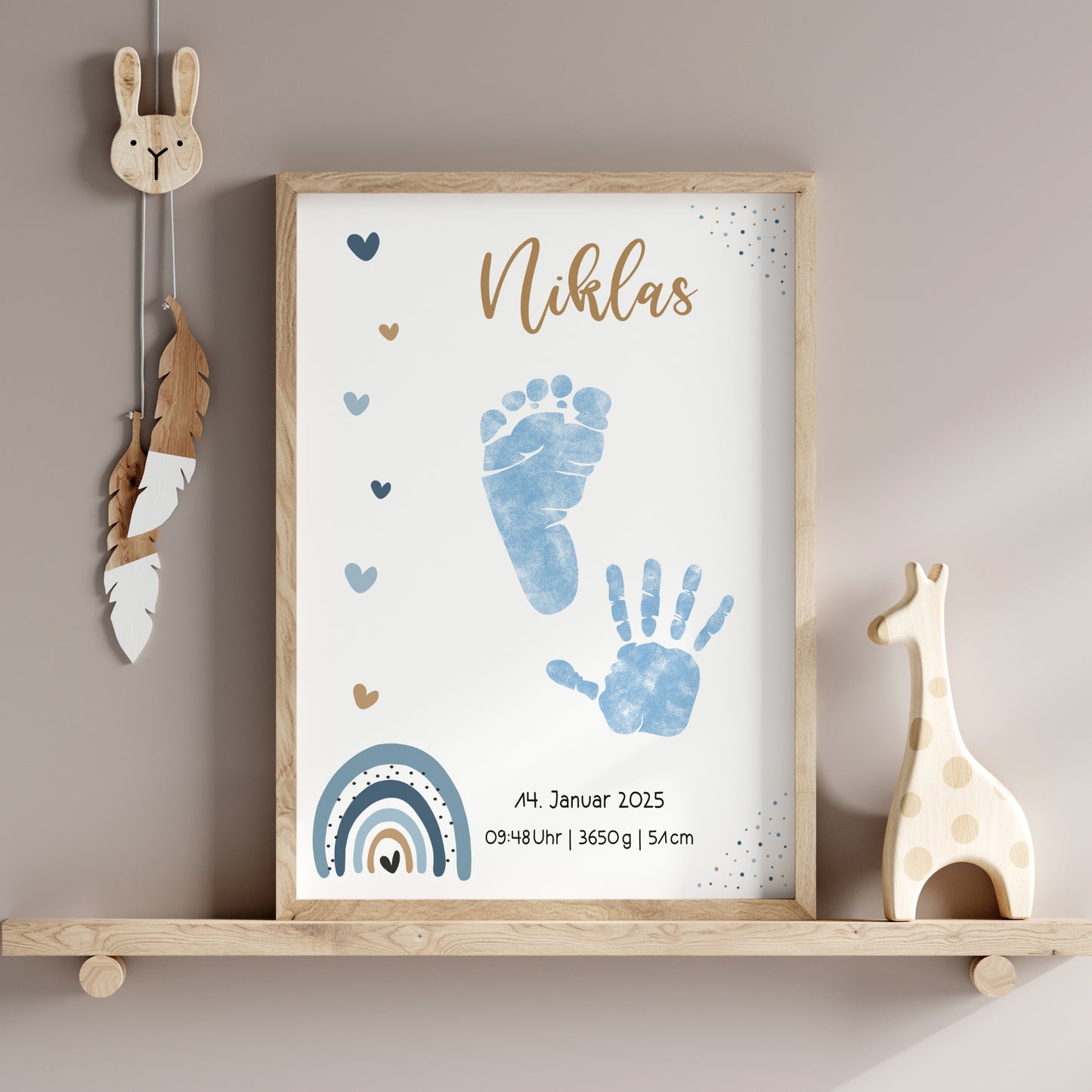 Geburtsposter Vorlage Fußabdrücke Handabdrücke Baby Geburtsdaten personalisiert Regenbogen Blau Jungen