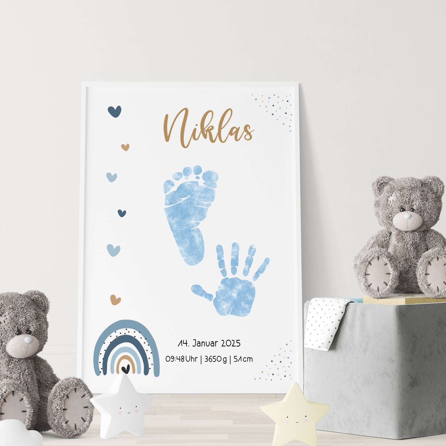 Geburtsposter Vorlage Fußabdrücke Handabdrücke Baby Geburtsdaten personalisiert Regenbogen Blau Jungen