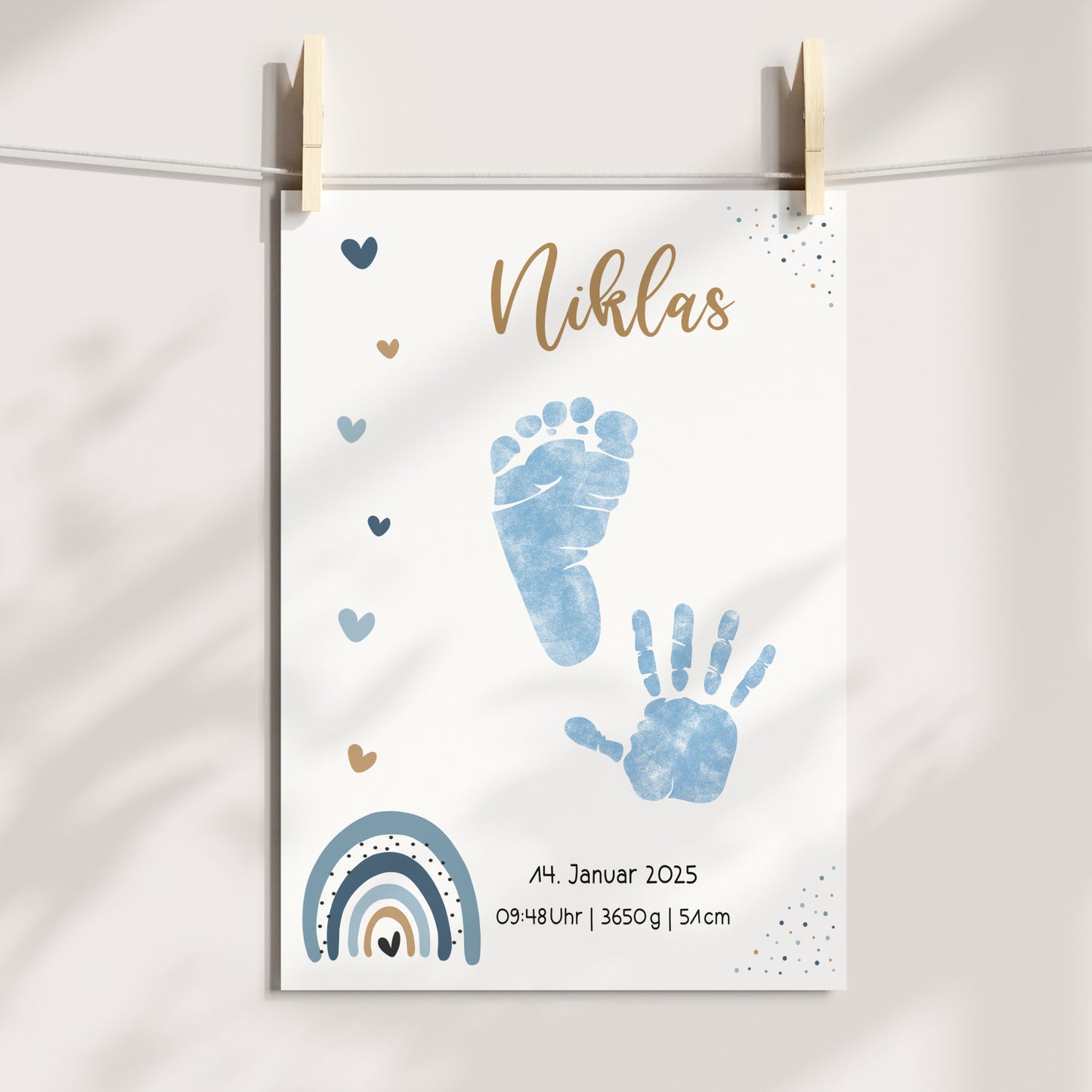Geburtsposter Vorlage Fußabdrücke Handabdrücke Baby Geburtsdaten personalisiert Regenbogen Blau Jungen