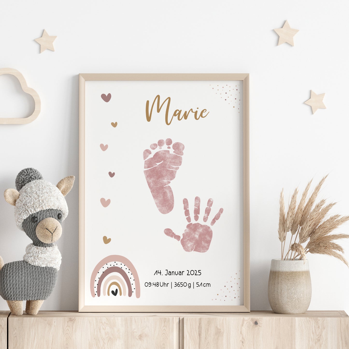 Geburtsposter Vorlage Fußabdrücke Handabdrücke Baby Geburtsdaten personalisiert Regenbogen Rosa Mädchen